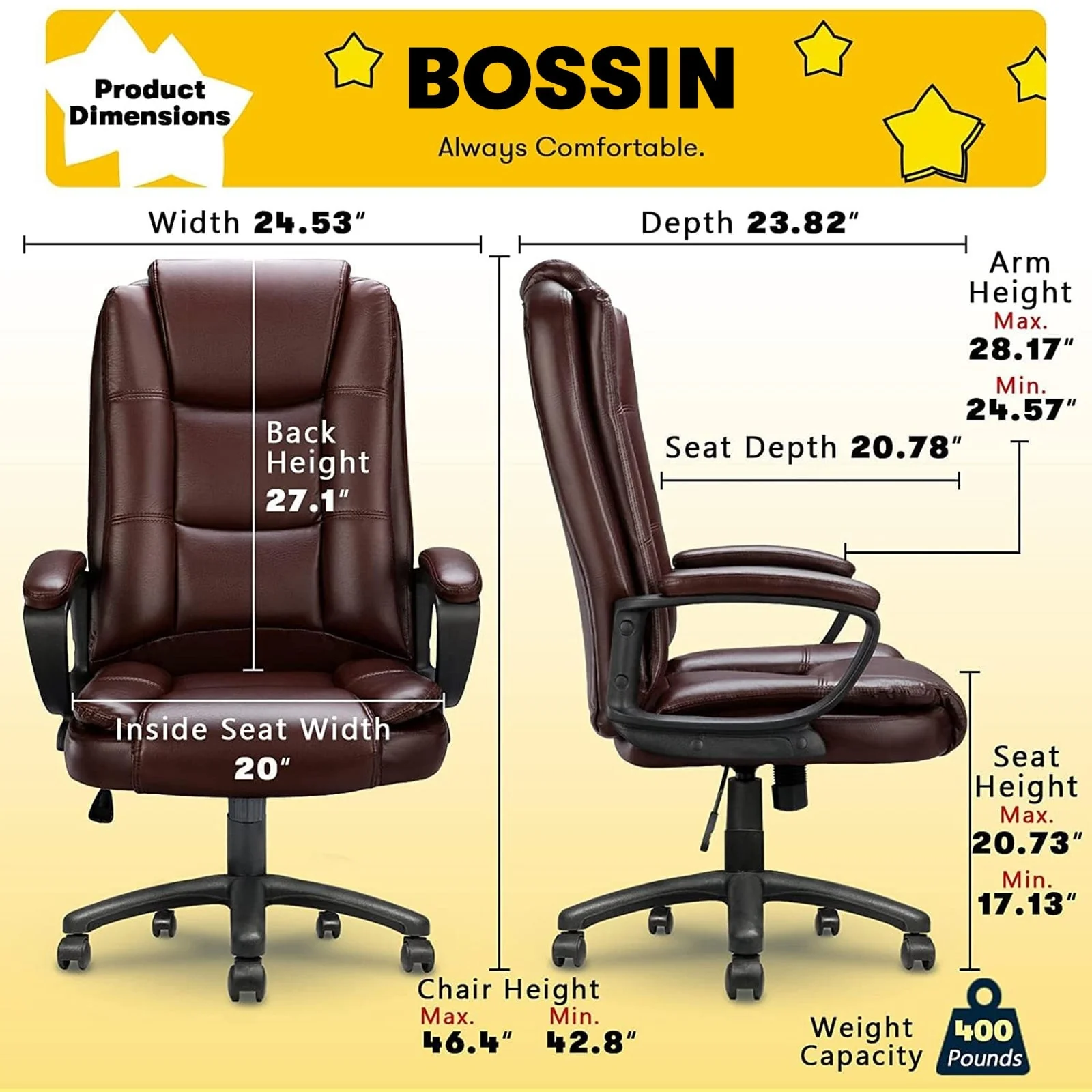 Big and Tall Executive Office Chair, High Back Ergonomic Leather Chair, 400 lb Capacity - Image 24