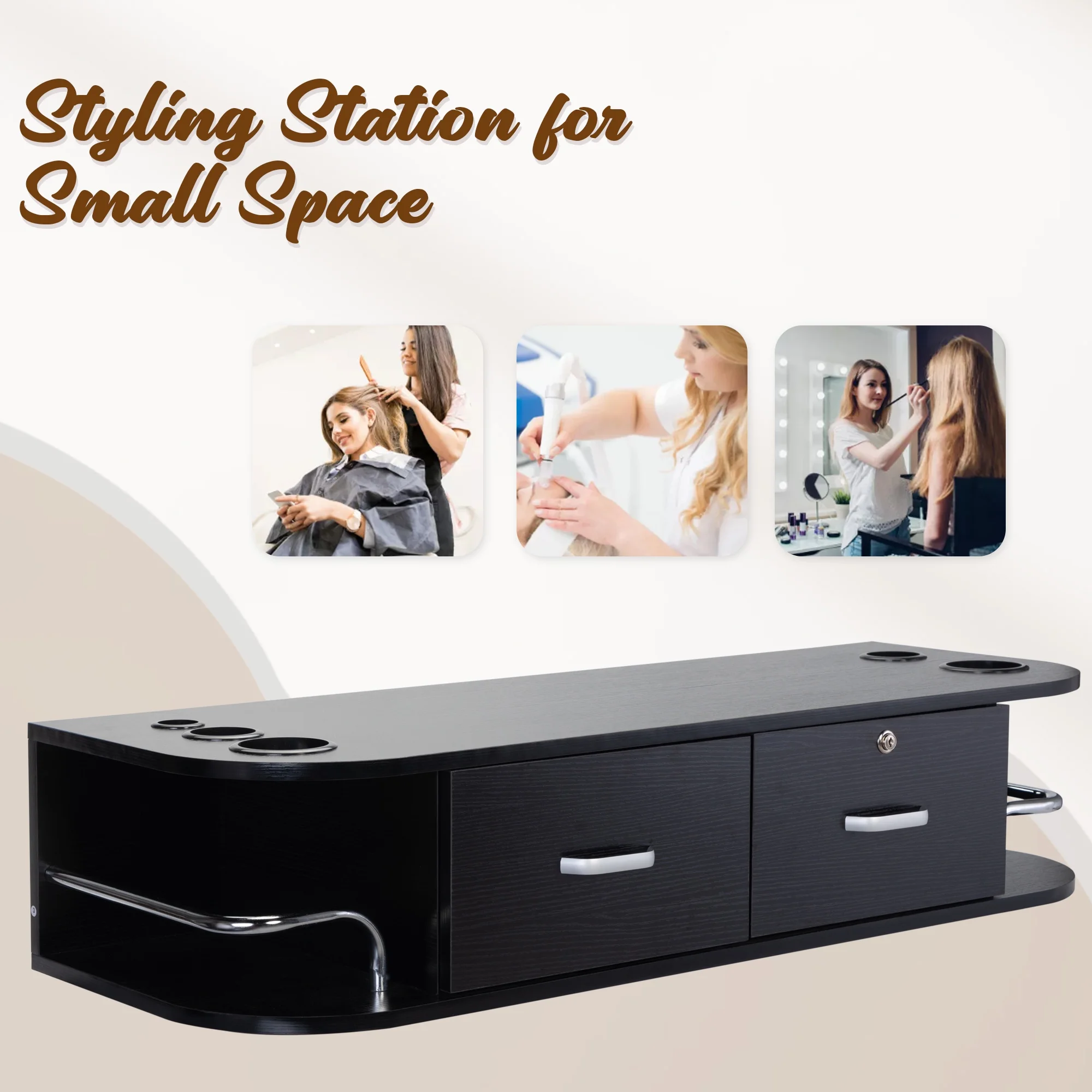 RESHABLE Modern Wall-Mounted Salon Station Barber Cabinet with Locking Drawer Storage Table for Hair Stylist Black - Image 6