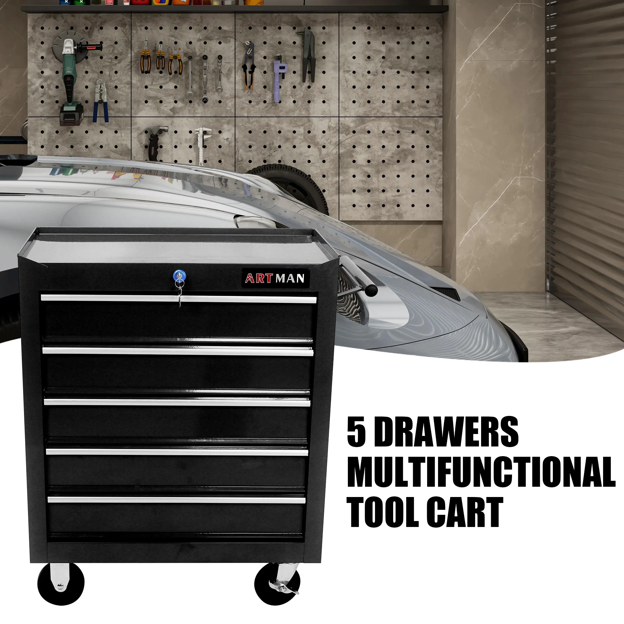 5-Drawer Rolling Tool Chest on Wheels, 24-inch Tool Storage Cabinet with Locking System for Garage Workshop Warehouse Repair Shop, Red - Image 12