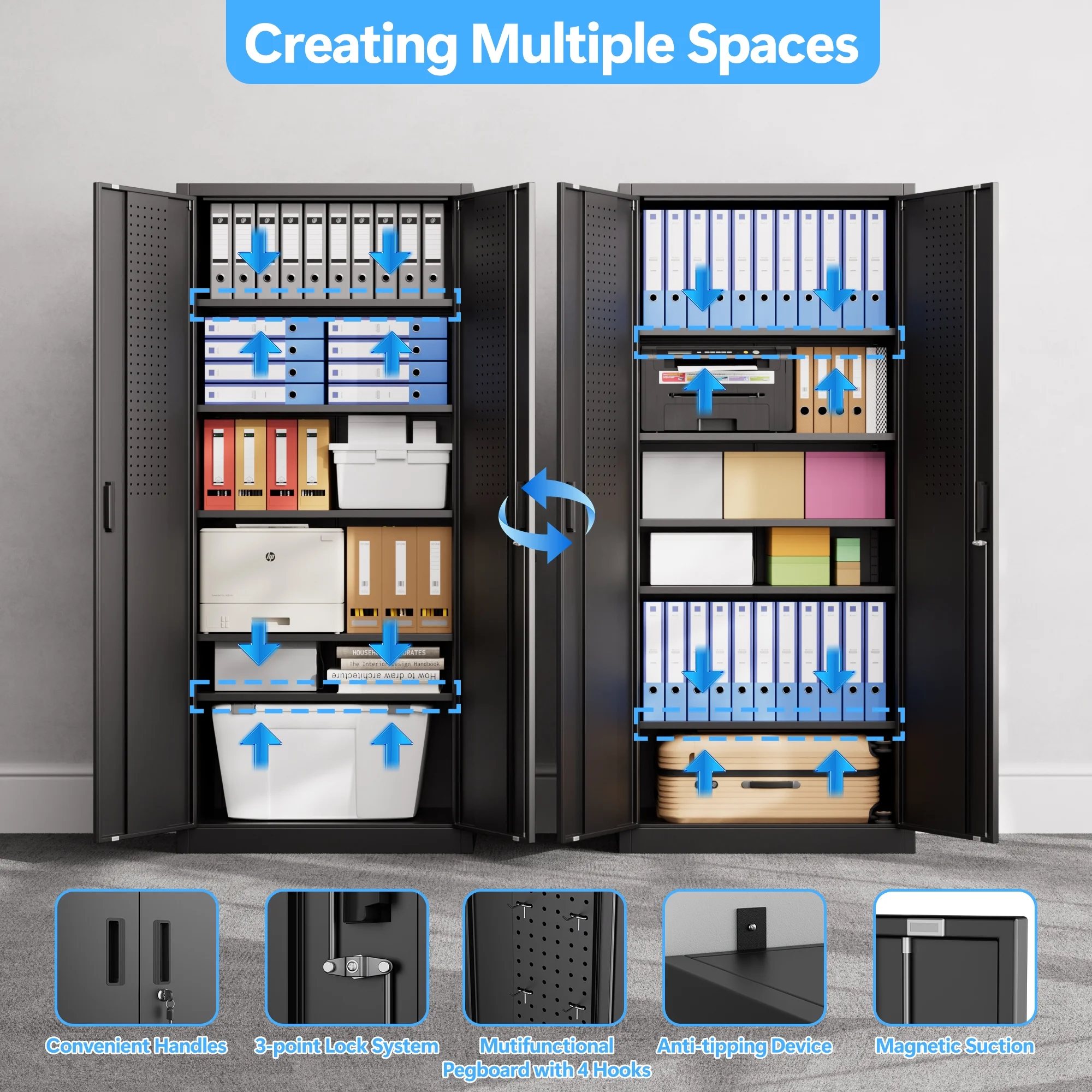GAEANET 2 Door Metal Storage Cabinet with 5 Adjustable Shelves &Pegboard, 71" H-32" W-16" D Locking Steel Garage Cabinet, for Garage,Office,Home,Gym,School, File Cabinet,Assembly Required, Black - Image 4