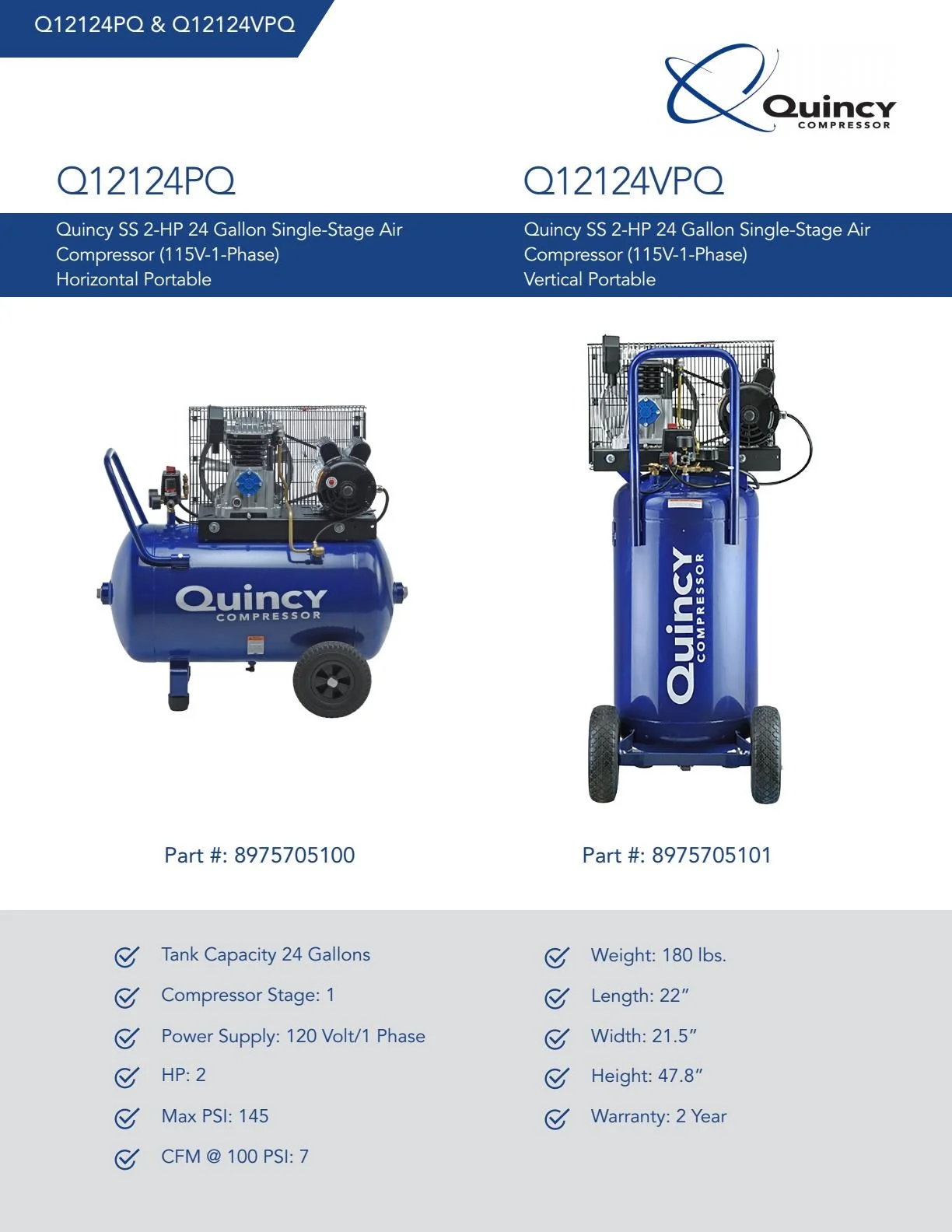 Quincy Q12126VPQ Cast Iron Blue 2 HP 115V 135 PSI 1-Stage Oil-lubricated Air Compressor 26 gal - Image 3