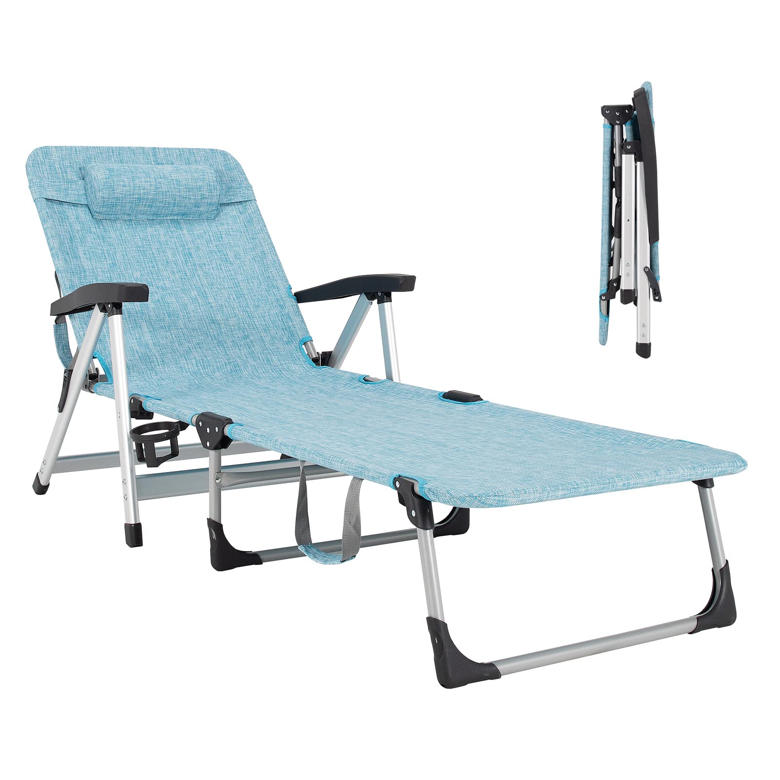 Folding Outdoor Chaise Lounge Chair with Cup Holder and Detachable Headrest - Image 3