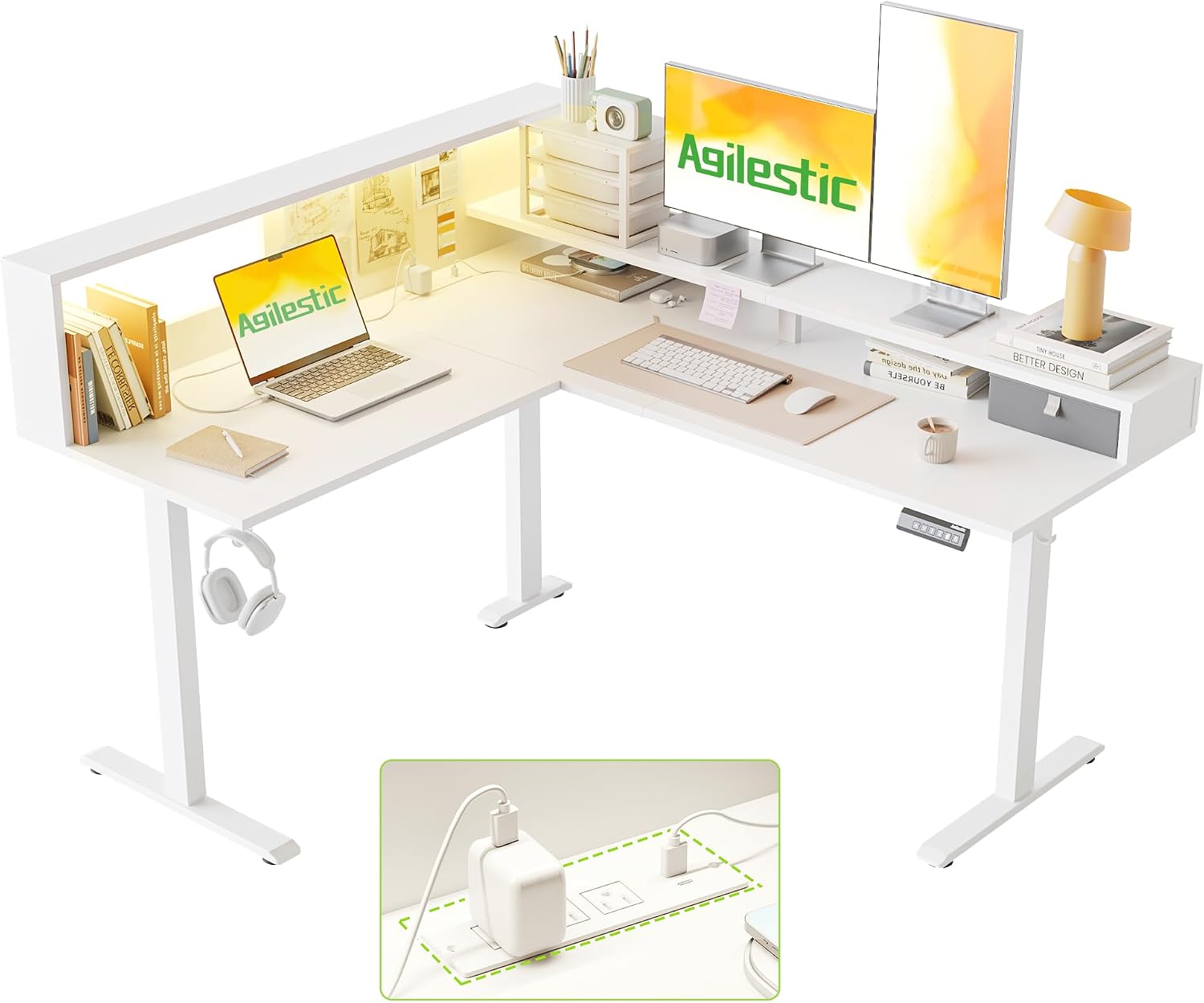63 Inch L Shaped Electric Standing Desk with Led, Black - Image 5