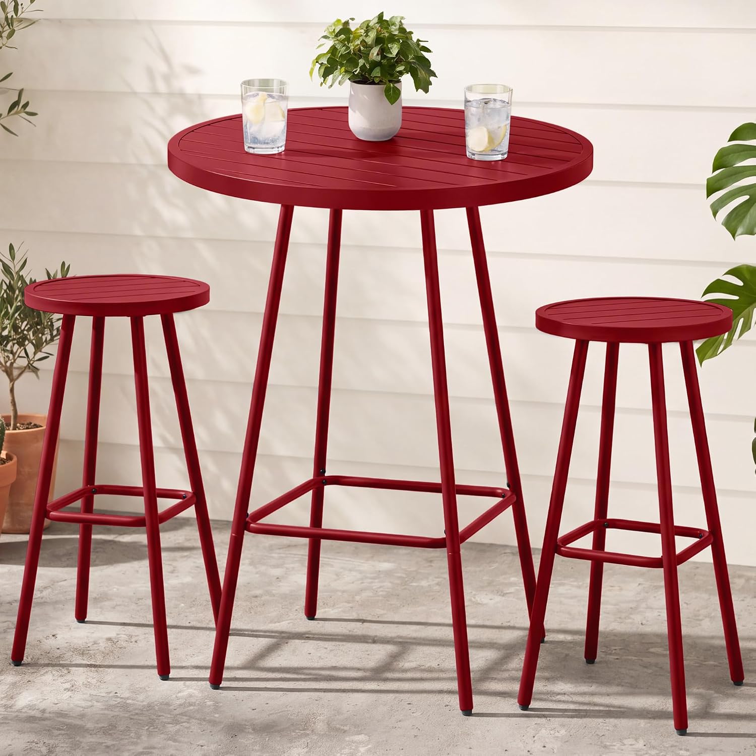3-Piece Patio Dining Set, Bar Height, Outdoor Bistro Set, Outdoor Round Bar Table w/ 2 Bar Stools, Steel - White - Image 3
