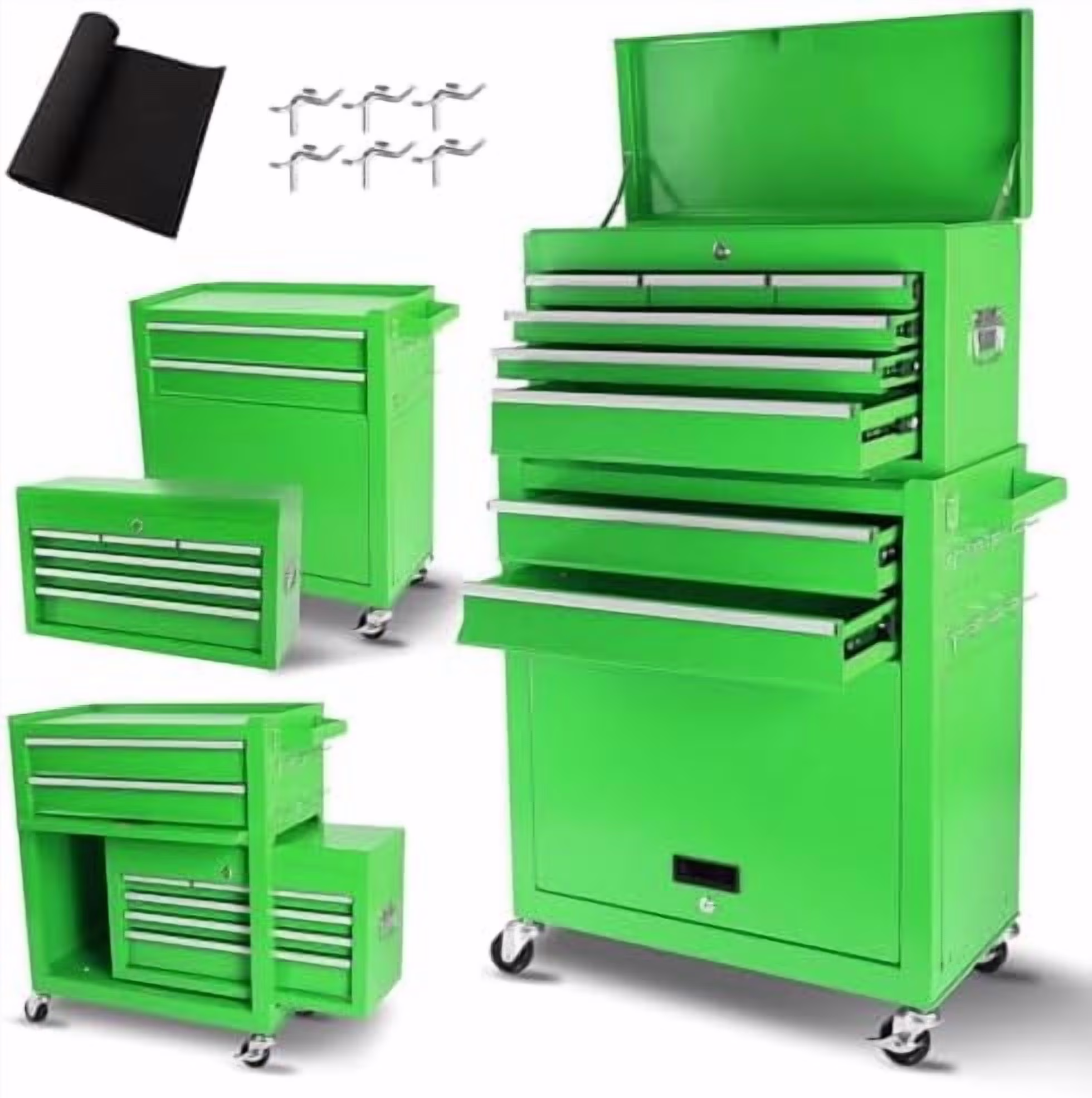 8-Drawer Rolling Tool Chest with Detachable Top Tool Box, Lockable Metal Tool Cabinet, and Liner, Heavy-Duty Storage Organizer with Wheels and 6 Hooks for Garage, Workshop, Green - Image 2