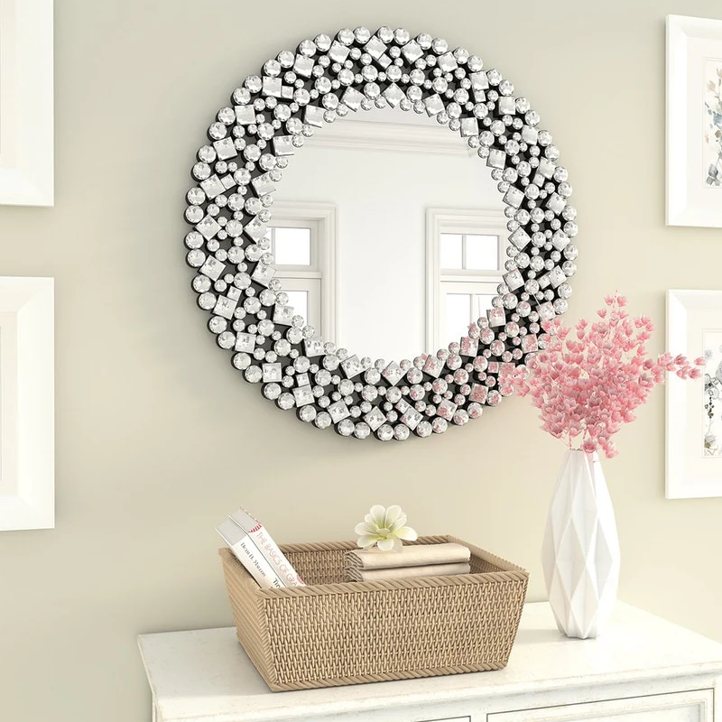 Modern Round Wall Mirror, Crystal Accent Decorative Mirror for Living Room, Bedroom and Entryway - Image 14