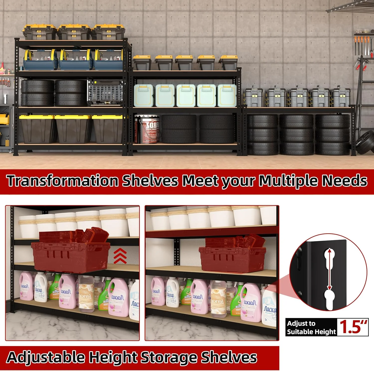 36" W x 16" D x 55" H Adjustable Garage Storage Shelves - 4-Shelf Heavy Duty Shelving Unit, Metal Utility Storage Organizer Racks for Warehouse Pantry Closet Kitchen, Black - Image 6
