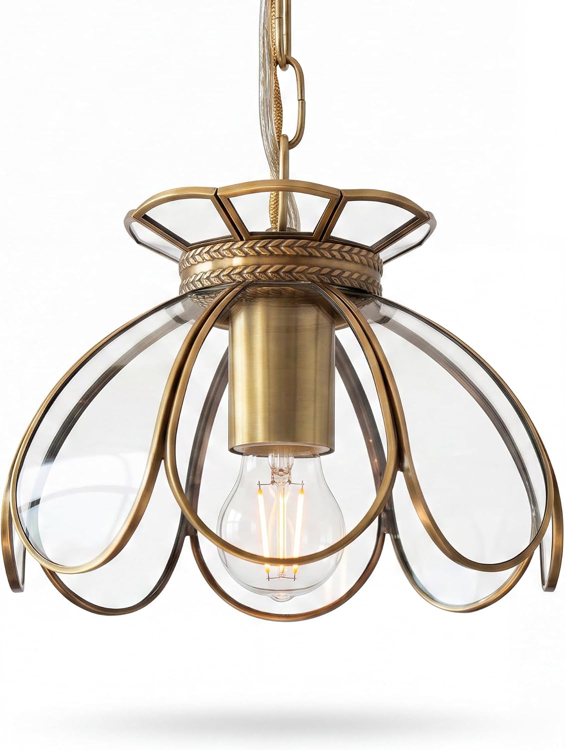 Brass Glass Ceiling Pendant Light, Hanging Lamp with Vintage Lotus Flower Glass Shade for Kitchen Island Dining Room Entryway Living Room-12inches Clear Large Shade - Image 5