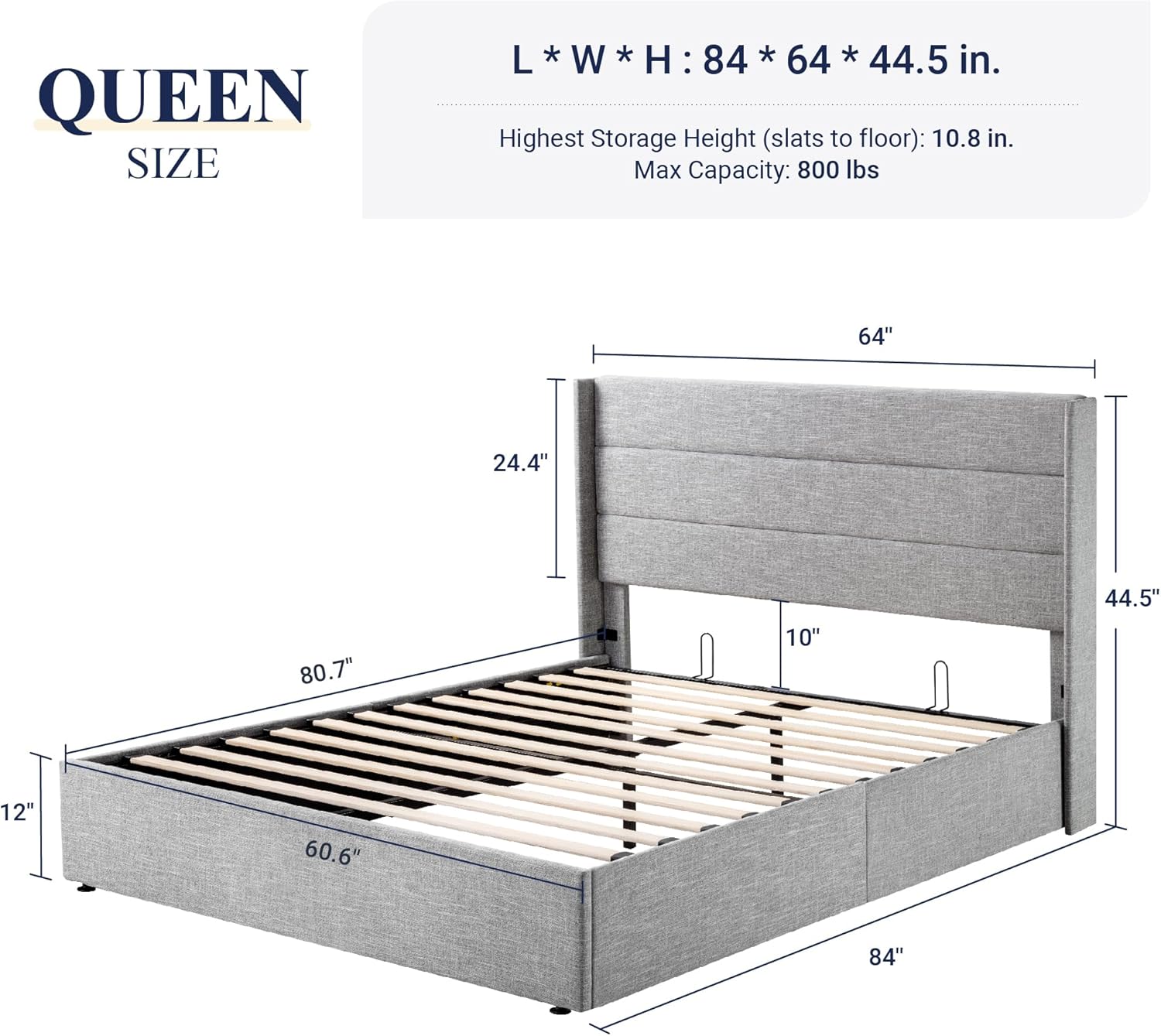 Queen Size Lift Up Storage Bed with Wingback Headboard, Upholstered Platform Bed Frame with Hidden Storage - Image 117