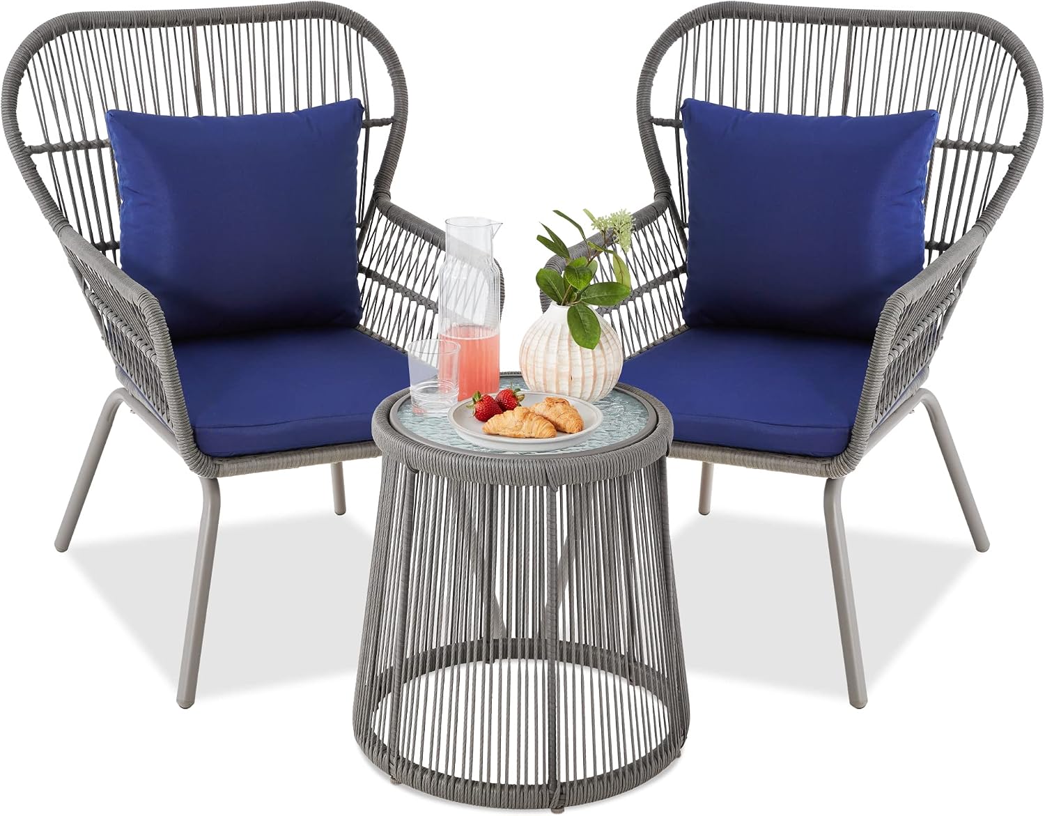 3-Piece Patio Conversation Bistro Set, Outdoor All-Weather Wicker Furniture for Porch, Backyard w/ 2 Wide Ergonomic Chairs, Cushions, Glass Top Side Table - Gray/Navy