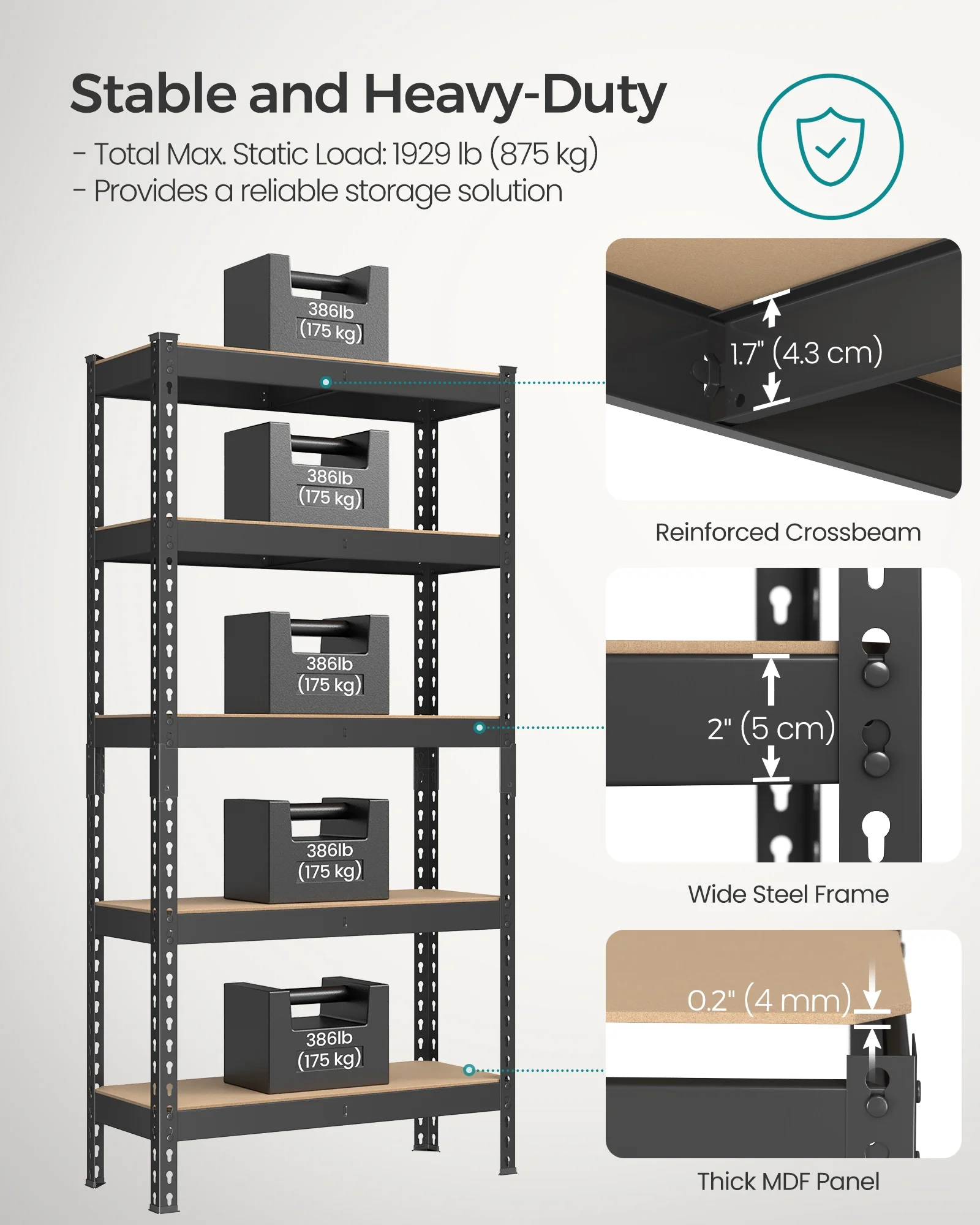 Set of 2 Heavy-Duty 5-Tier Storage Shelves, 2310 lb Total Capacity, Boltless Adjustable Steel Shelving Units for Garage Basement, 59.1" H, Black - Image 4