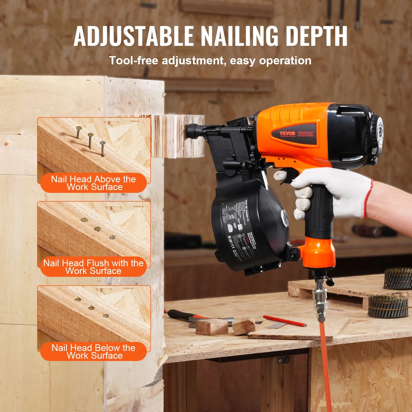VEVOR Coil Siding Nailer CN65, 1-1/4" to 2-1/2" 15 Degree Pneumatic Siding Nail Gun with Tool-Less Depth Adjustment, 70-120PSI Air Coil Nailer for Siding, Pallet Sheathing, Wooding, Fencing - Image 3