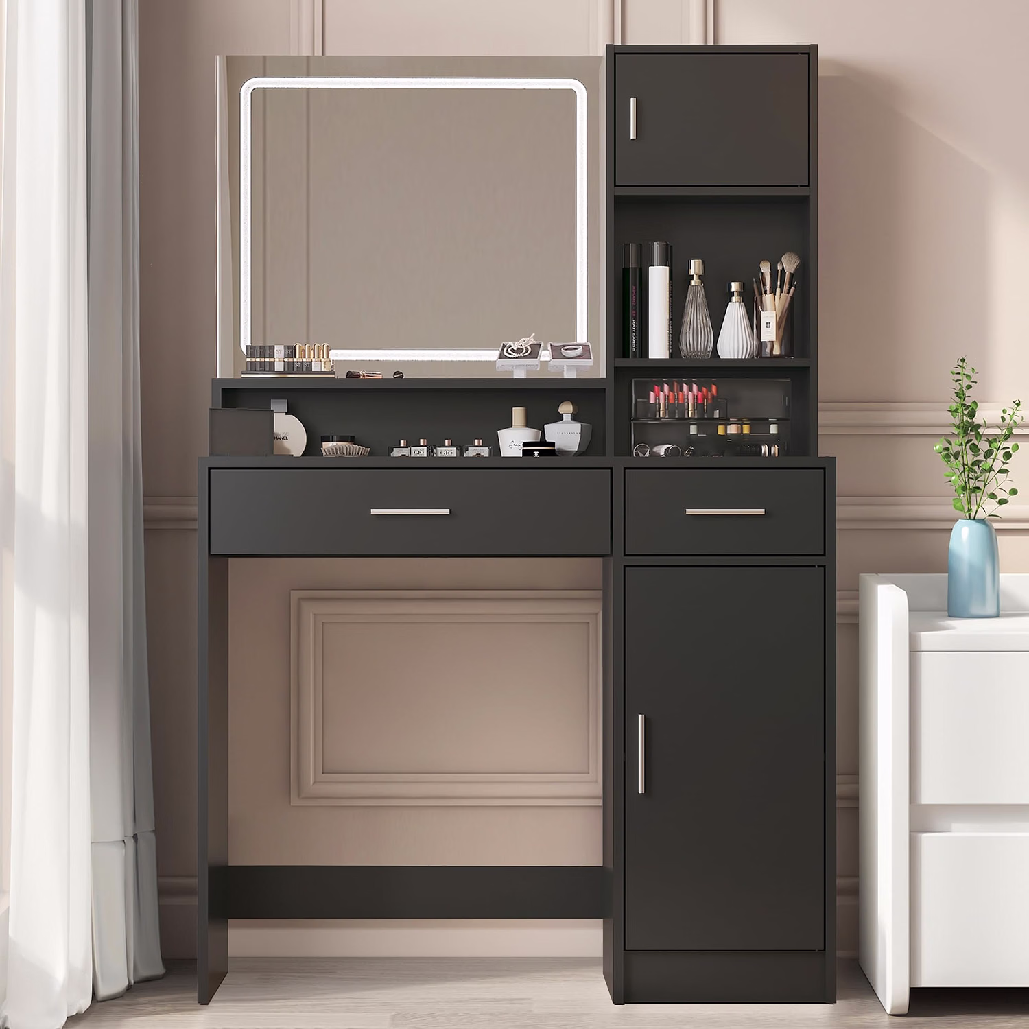 Vanity Desk with Mirror & Light, Large Drawer Three Level Storage Dresser, 3 Lighting Modes Adjustable Brightness, Bedroom Dressing Table - Image 2