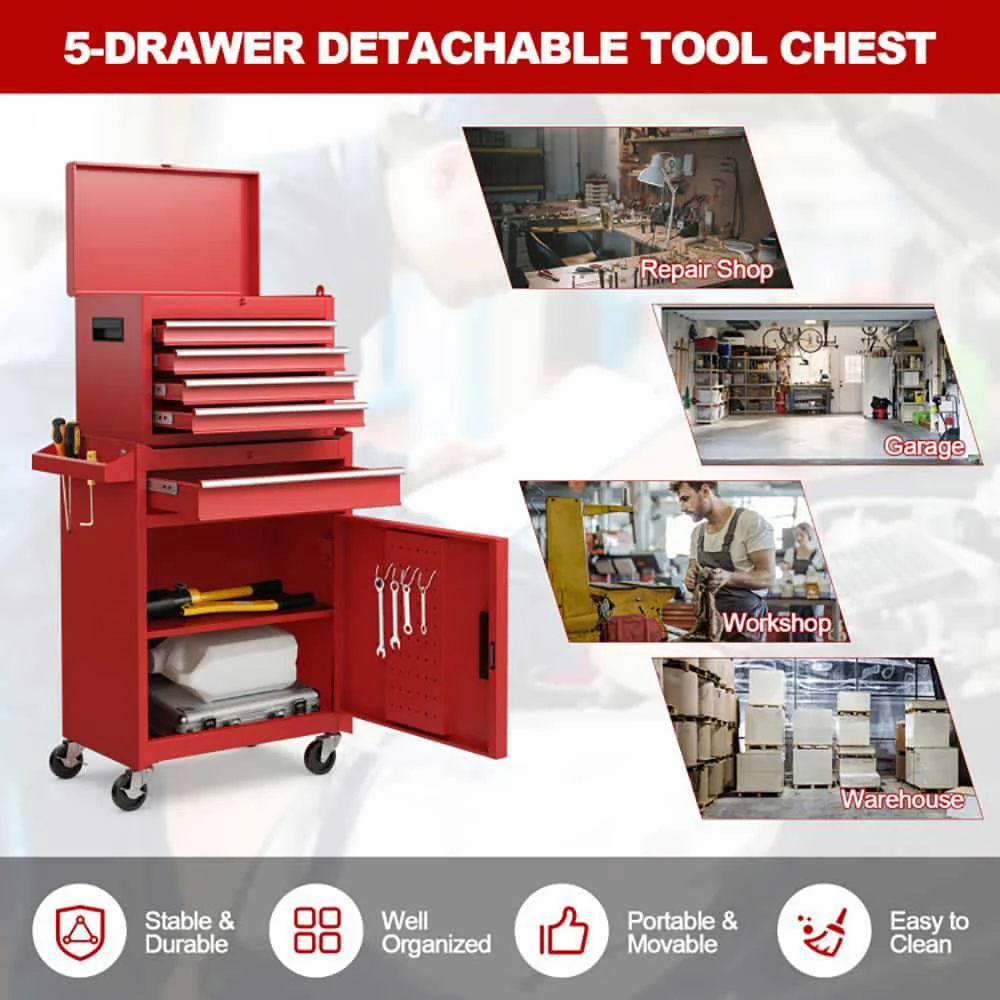 Demifill 2-in-1 Tool Chest and Cabinet with 5 Sliding Drawers, Large Storage Space and Detachable Design, Red - Image 8