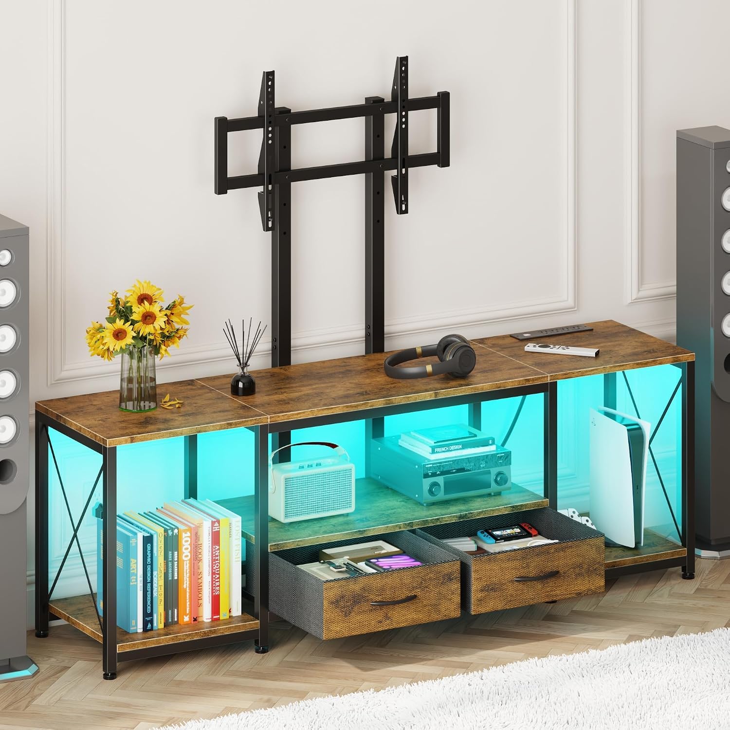 LED TV Stand with Mount and Power Outlet & Fabric Drawers for 32-85 Inches TV - Entertainment Center and Corner TV Stand for Living Room, Bedroom - 47" Rustic Brown (Max VESA 600mm × 400mm) - Image 2
