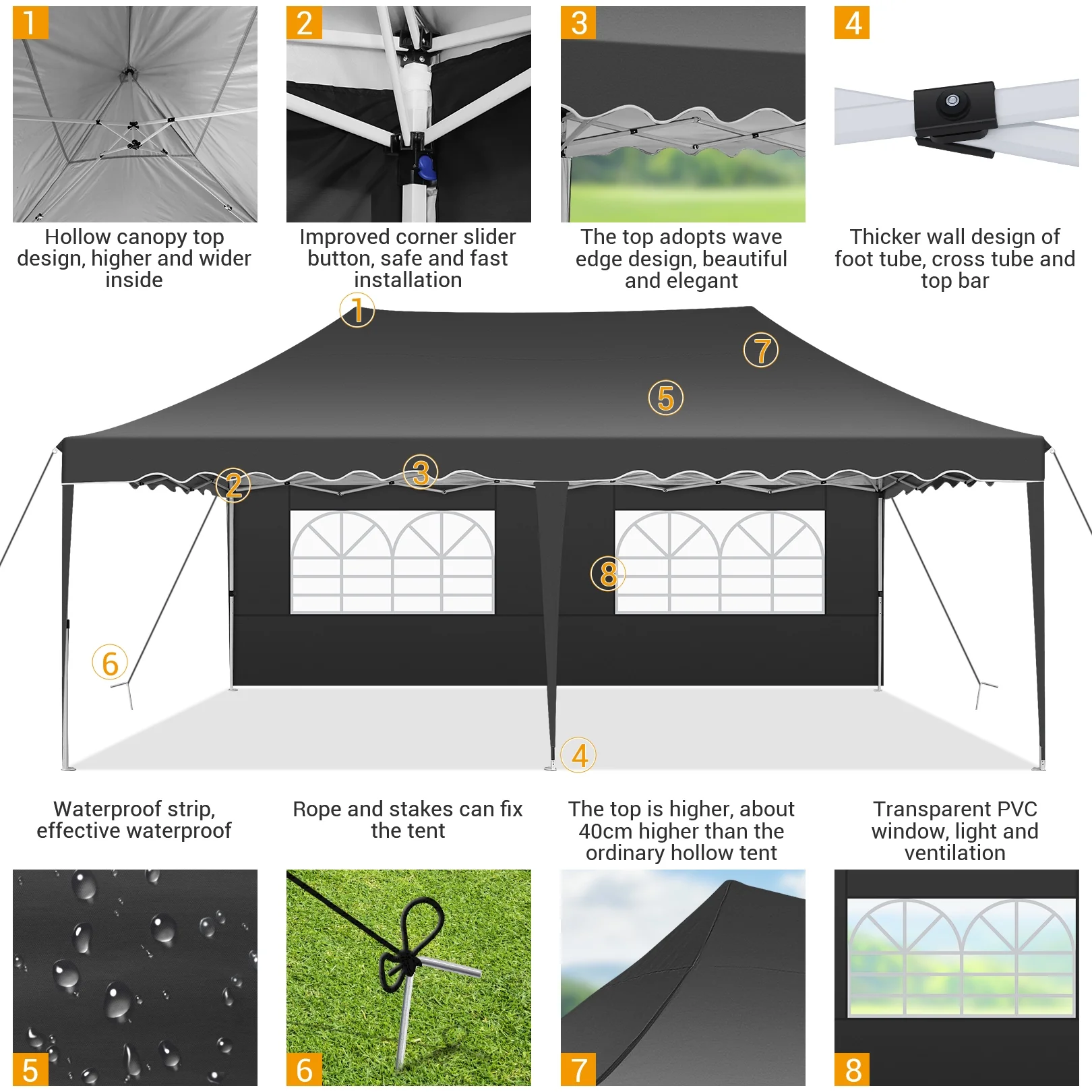 SANOPY 10' x 20' Pop up Canopy Party Tent with 6 Removable Sidewalls, Wave Eave Outdoor Waterproof Patio Gazebo Tent with Carry Bag, Backyards Camping Picnics, Black - Image 4