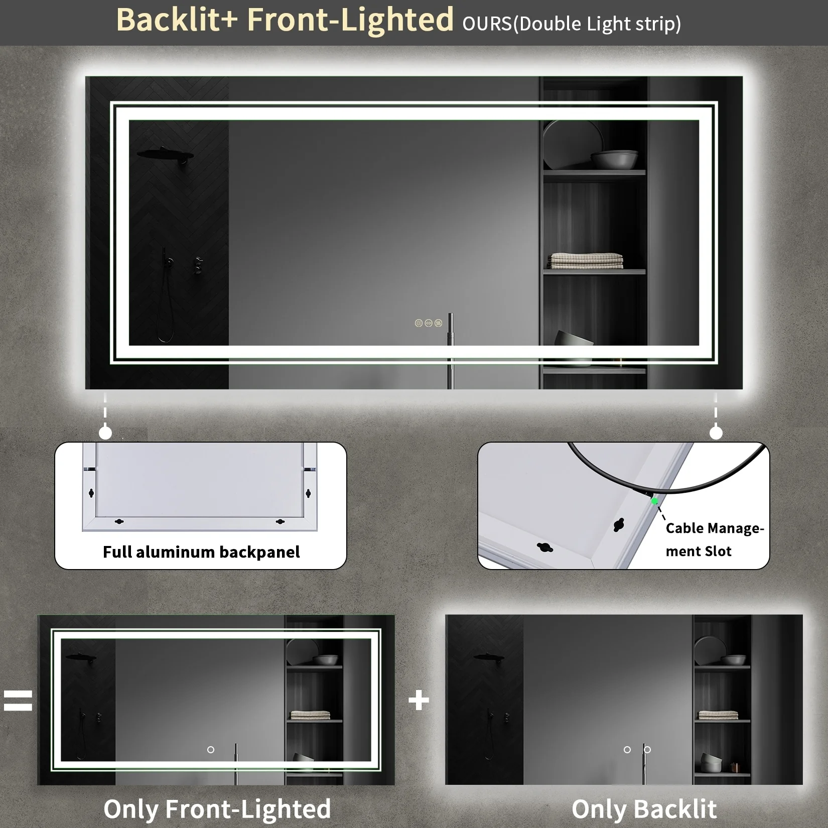 Extra Large LED Lighted Bathroom Mirror, Anti-Fog Wall Mounted Vanity Mirror with 3 Colors - Image 14