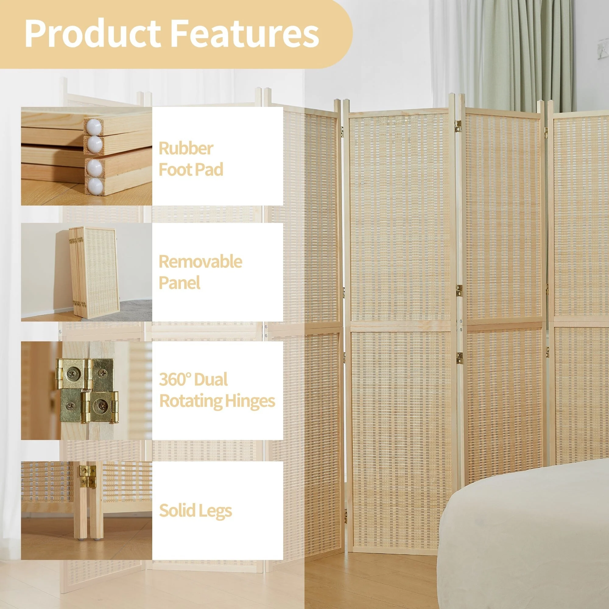 4-Panel Bamboo Folding Partition Screen 6FT Detachable Room Divider - Image 5