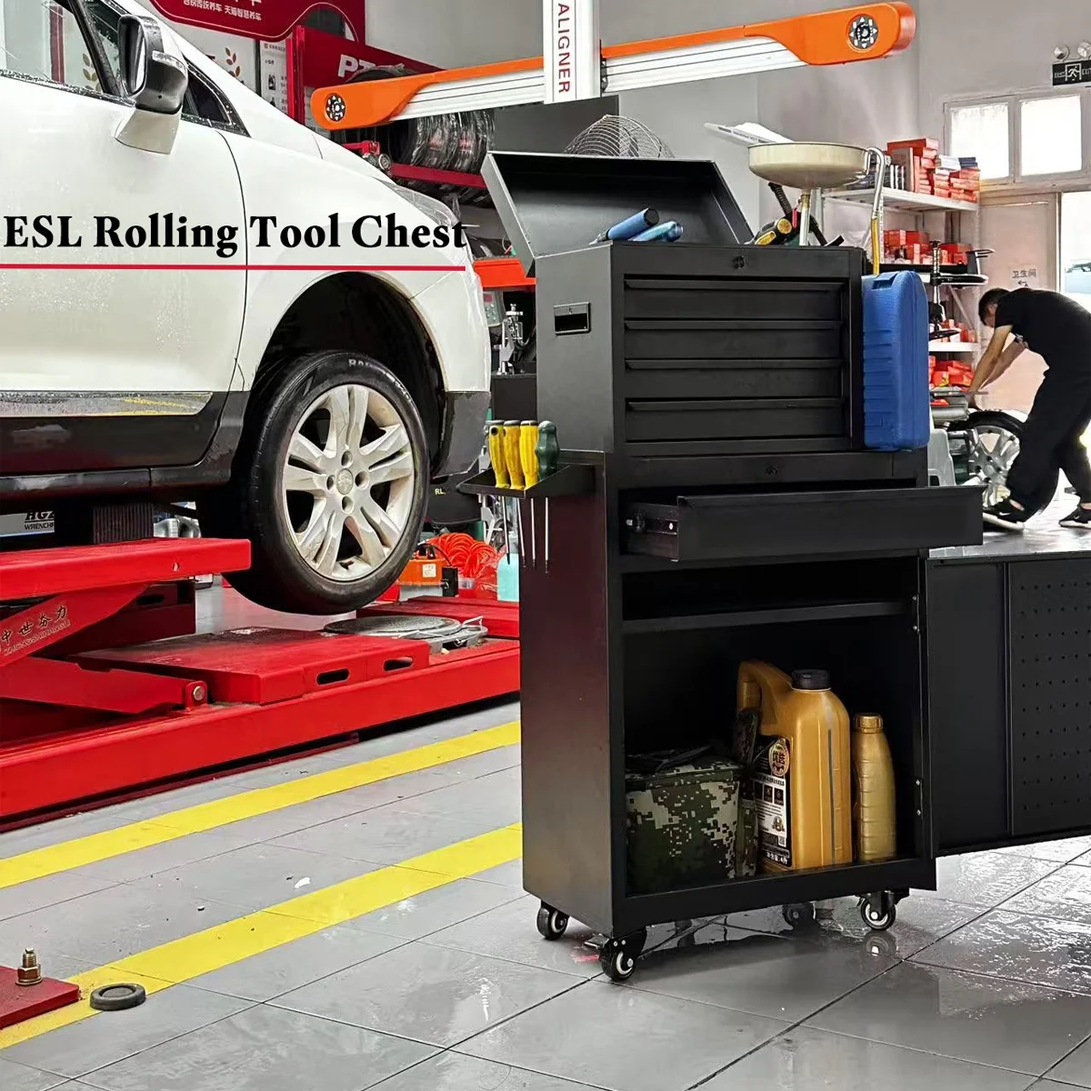 Rolling Tool Chest, 5 Drawers with Big Cabinet, Tool Trolley with 4 Universal Lockable Wheels and Lock Bar, Great Black Tool Cart for Garage Workshop, Sturdy Heavy Duty Tool Storage, Easy Assemble - Image 3