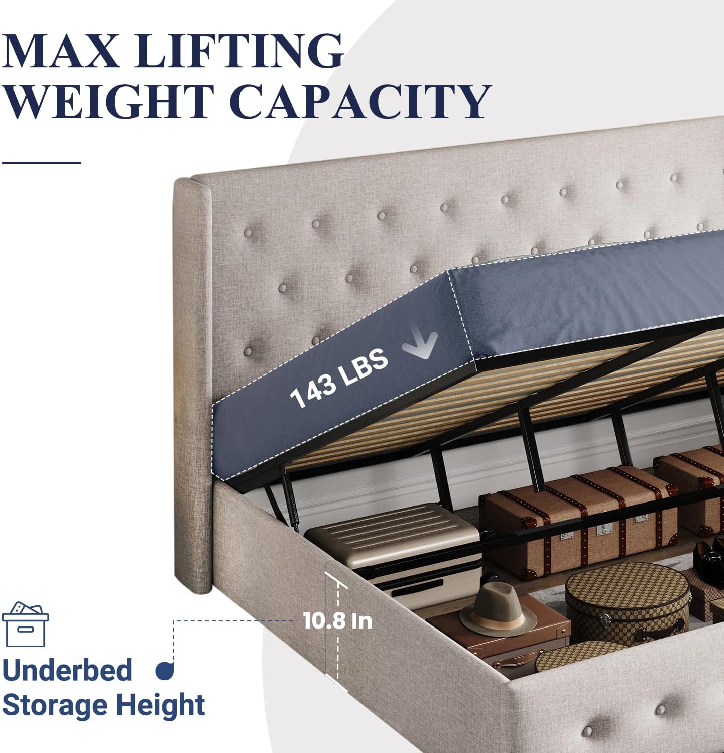 Queen Size Lift Up Storage Bed with Wingback Headboard, Upholstered Platform Bed Frame with Hidden Storage - Image 136