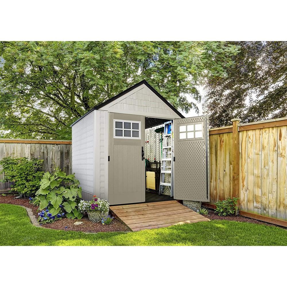 7 7 Ft Durable Weather Resistant Resin Outdoor Garden Storage Shed with Windows and Utility Hooks, Sand - Image 9
