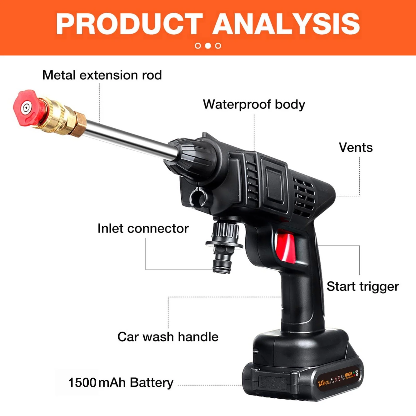 Aumotop Cordless Pressure Washer, 24V Portable Pressure Cleaner with 2 Adjustable Nozzles, Electric Handheld High Power Washer for Car, Fence, Floor Cleaning, Watering - Image 2