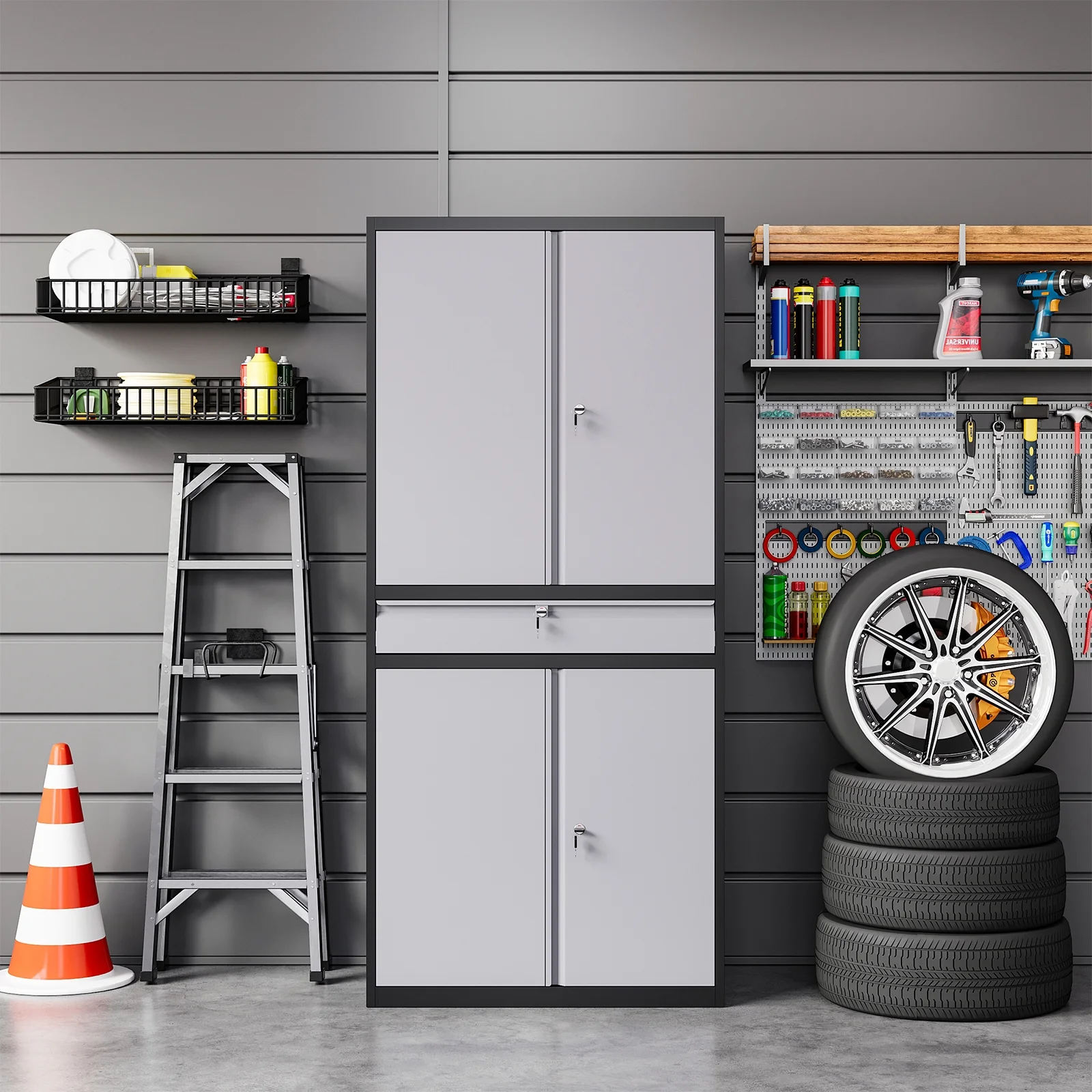 STANI Metal Garage Storage Cabinets with Drawer, 4 Doors Tool Storage Cabinet with 2 Adjustable Shelves, 73"H Rolling Steel Locking Cabinet for Garage Utility Room Home Office (Black, 4 Wheel) - Image 27