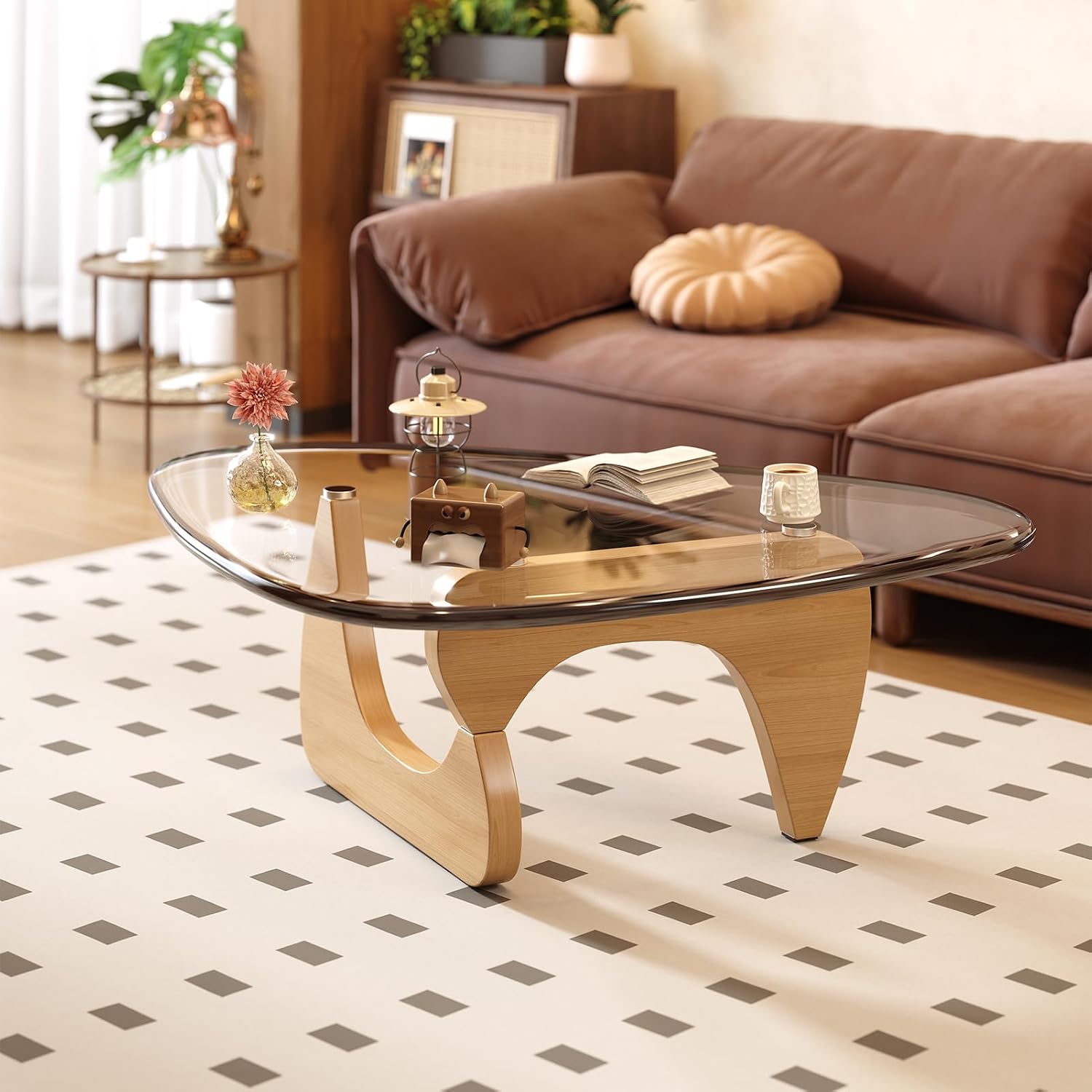 Coffee Table for Living Room Mid Century Modern Center Table with Glass Top and Wood, 32 Inch, Brown/Walnut - Image 6