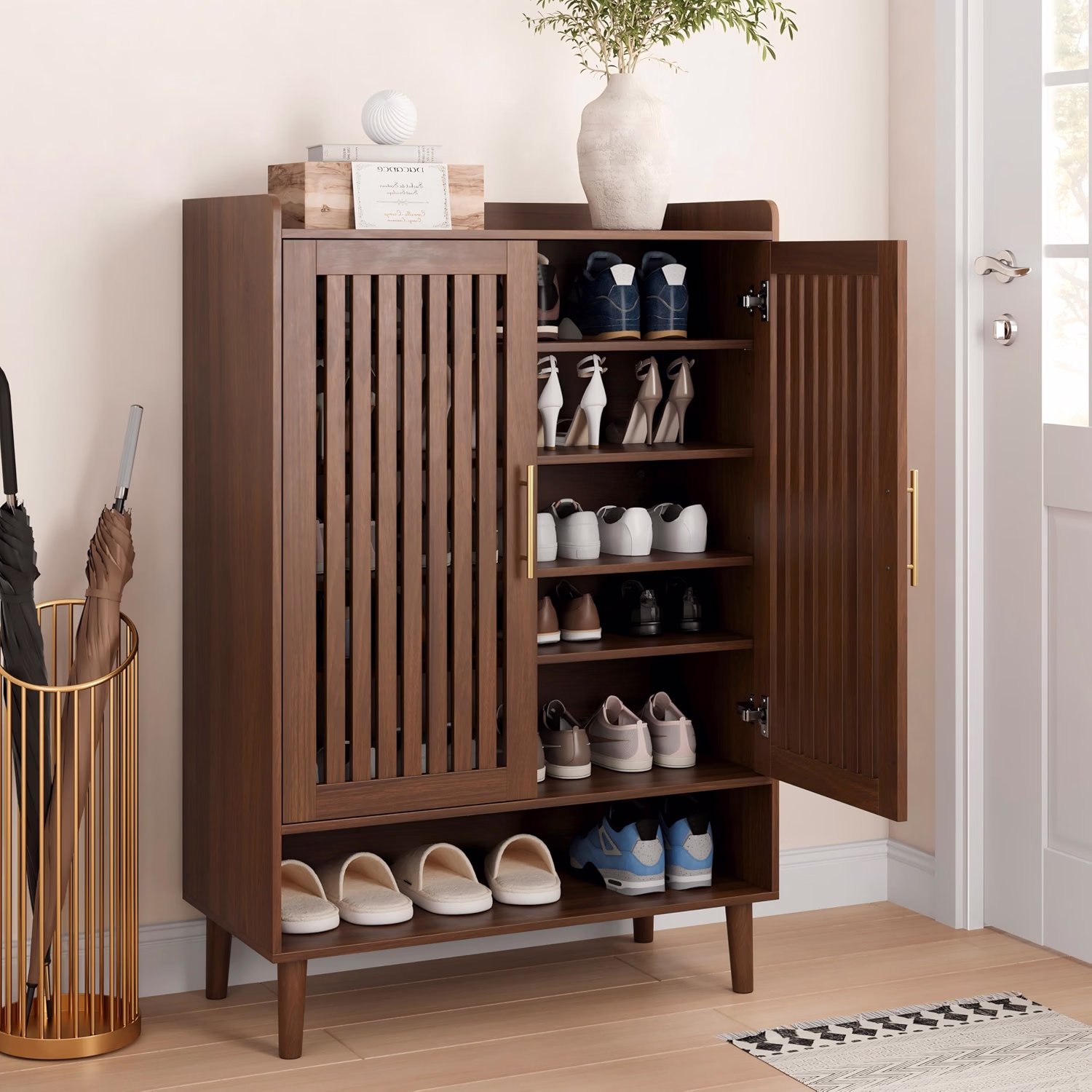 31.5" W Shoe Cabinet Storage for Entryway with 2 Flip Drawers, Shoe Cabinet with Slatted Panel, Hidden Shoe Rack Freestanding Slim Shoes Organizer for Hallway, Entrance, Walnut - Image 4