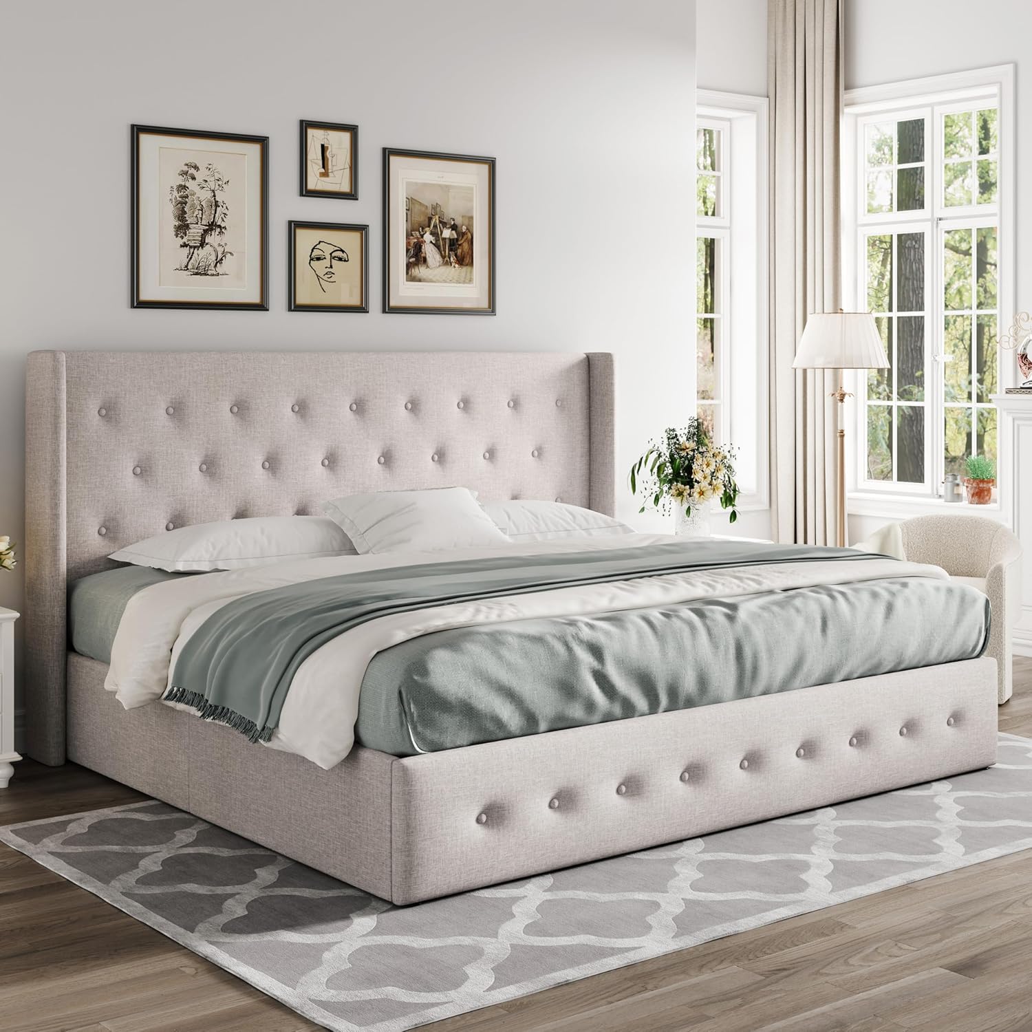 Queen Size Lift Up Storage Bed with Wingback Headboard, Upholstered Platform Bed Frame with Hidden Storage - Image 138