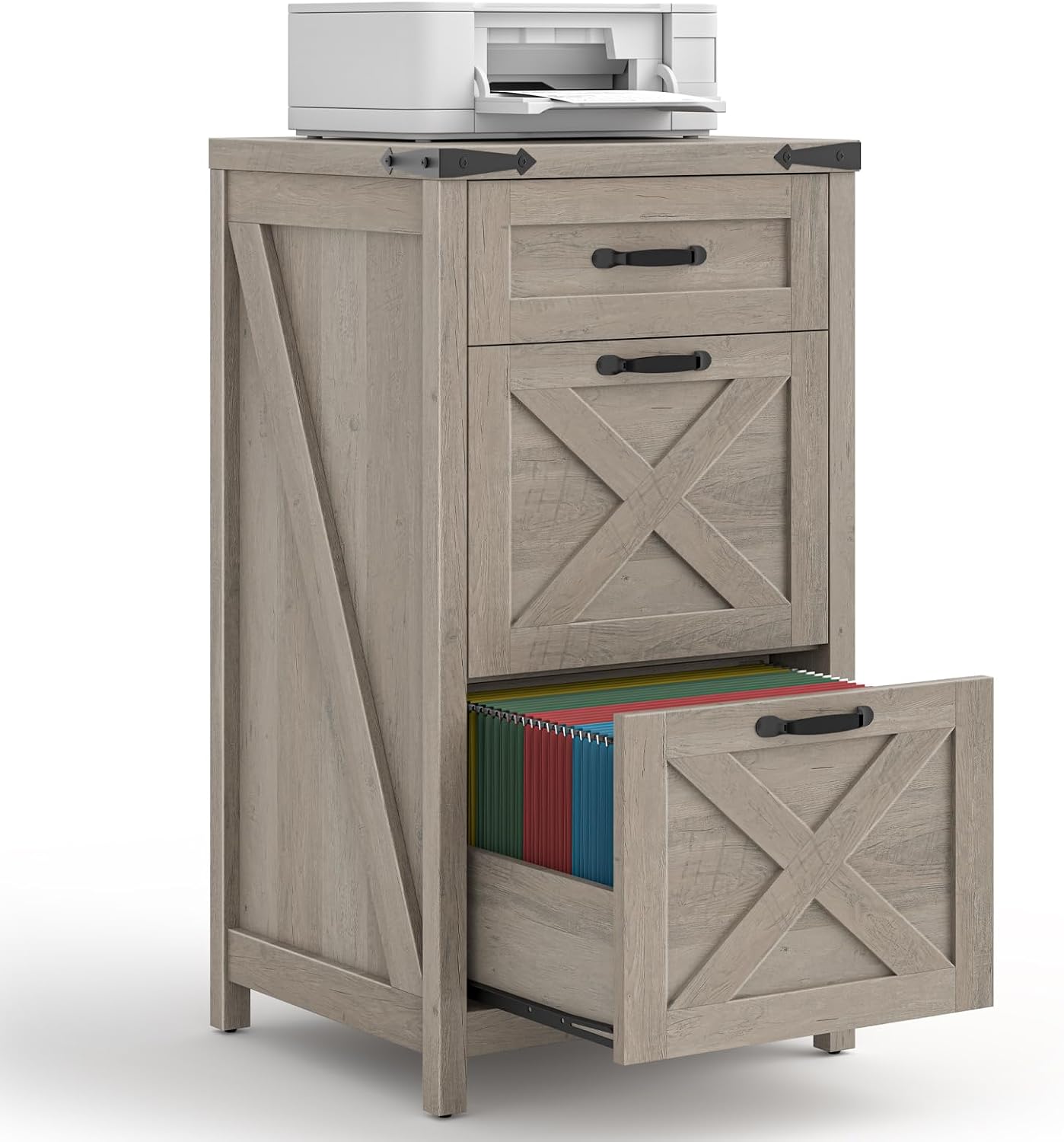3 Drawers Tall Farmhouse File Cabinet with Wheels, Rustic White - Image 5