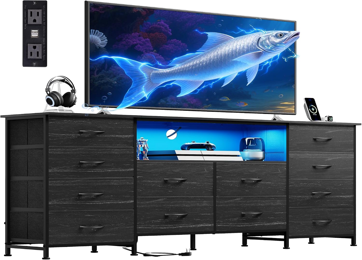 LED Dresser TV Stand for 65 Inch TV, 8 Drawers, Black - Image 2