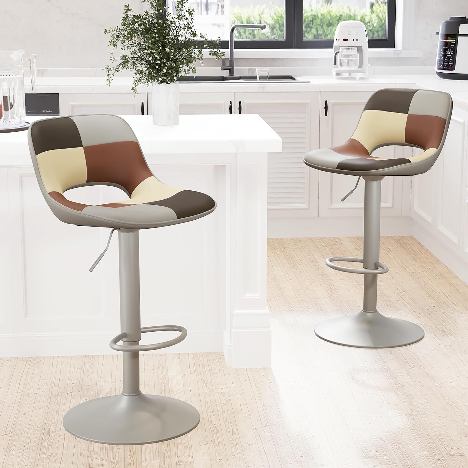 Bar Stools Set of 2 Modern Swivel Barstools, Compact Adjustable Counter Height Bar Stools, Faux Leather Upholstered Counter Stools with Hollow Back for Kitchen Island, Brown - Image 9