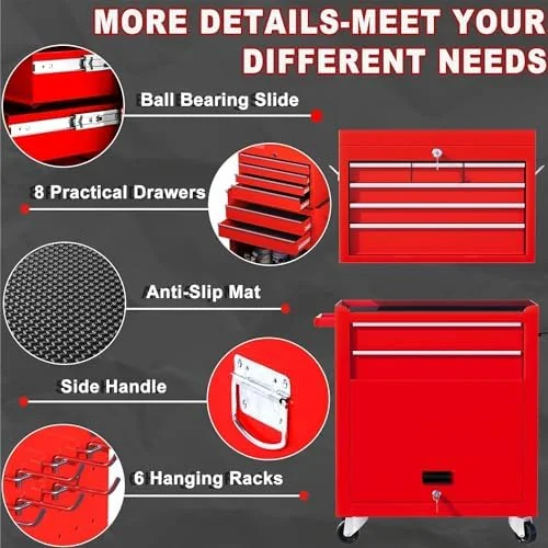 8-Drawer Rolling Tool Chest with Detachable Top Tool Box, Lockable Metal Tool Cabinet, and Liner, Heavy-Duty Storage Organizer with Wheels and 6 Hooks for Garage, Workshop, Green - Image 22