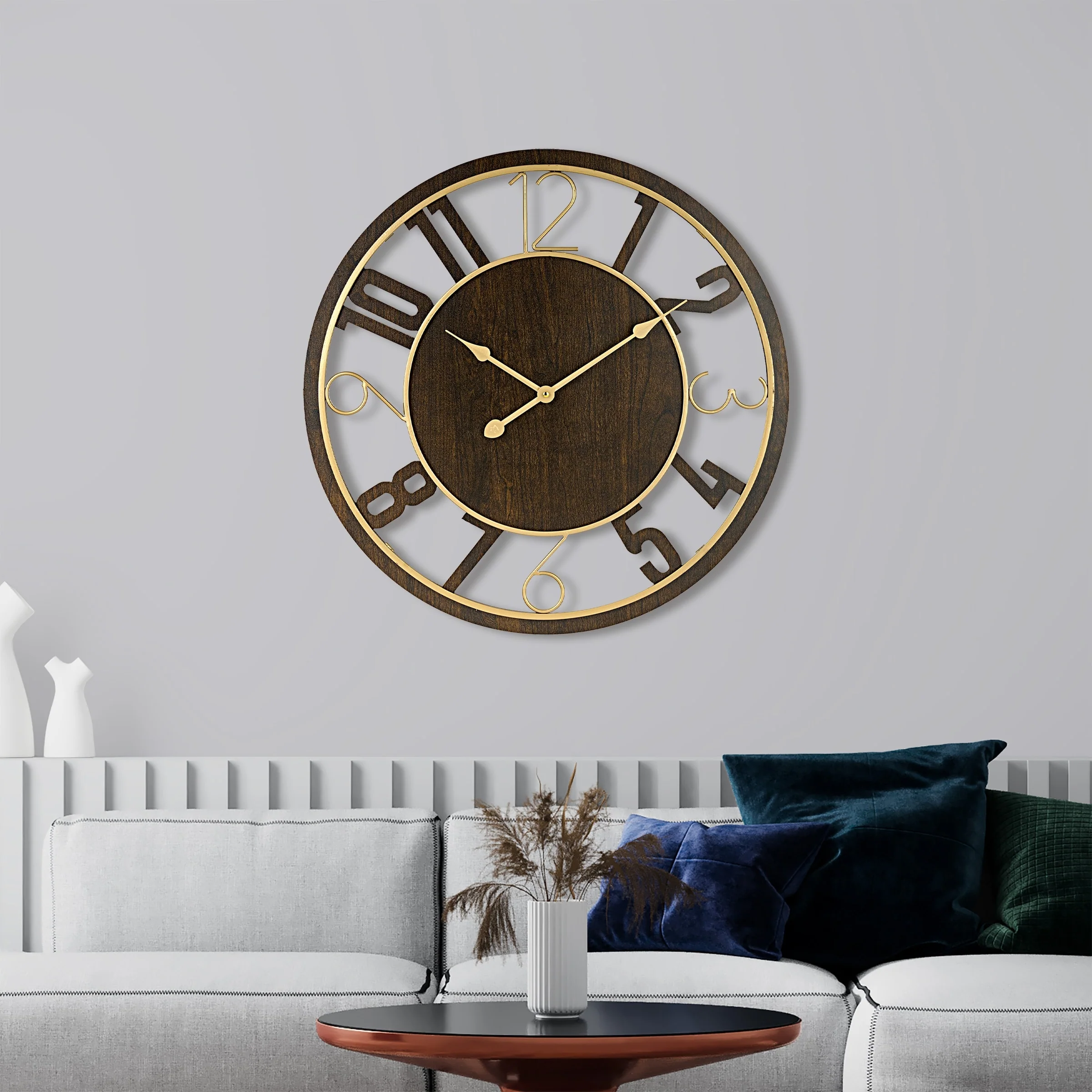 24 Inch Round Wooden Wall Clock, Modern Analog Clock with Numeral Design, Battery Operated - Image 16