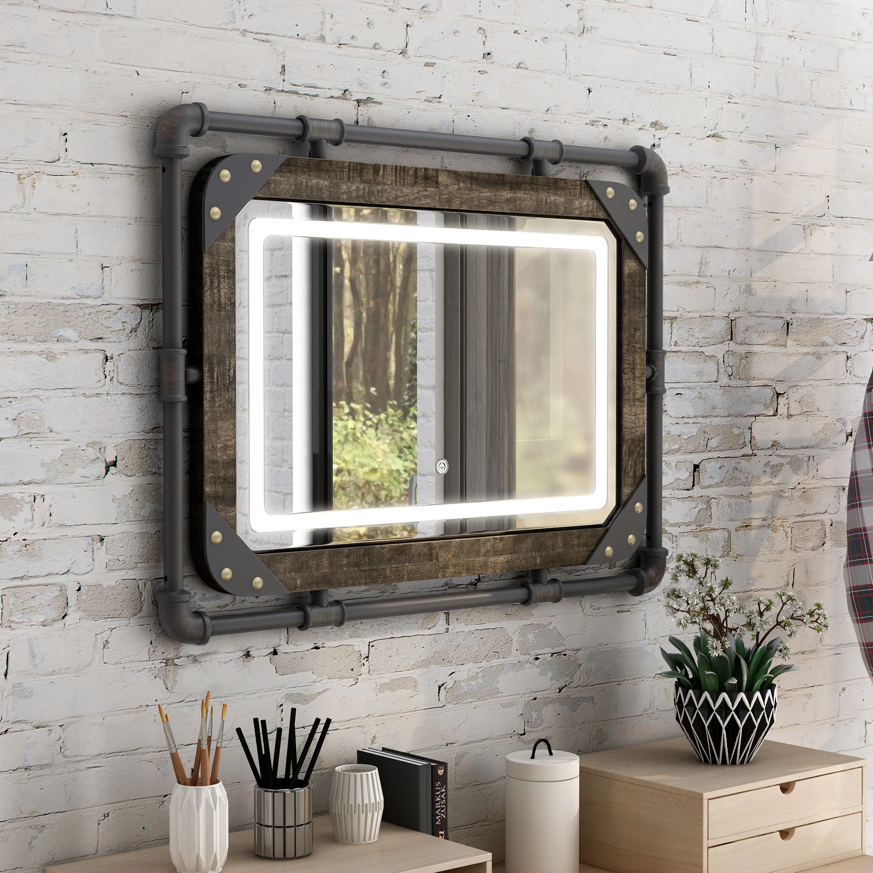 Industrial Metal Wall Mirror with LED Lights, Modern Decorative Mirror for Home - Image 2