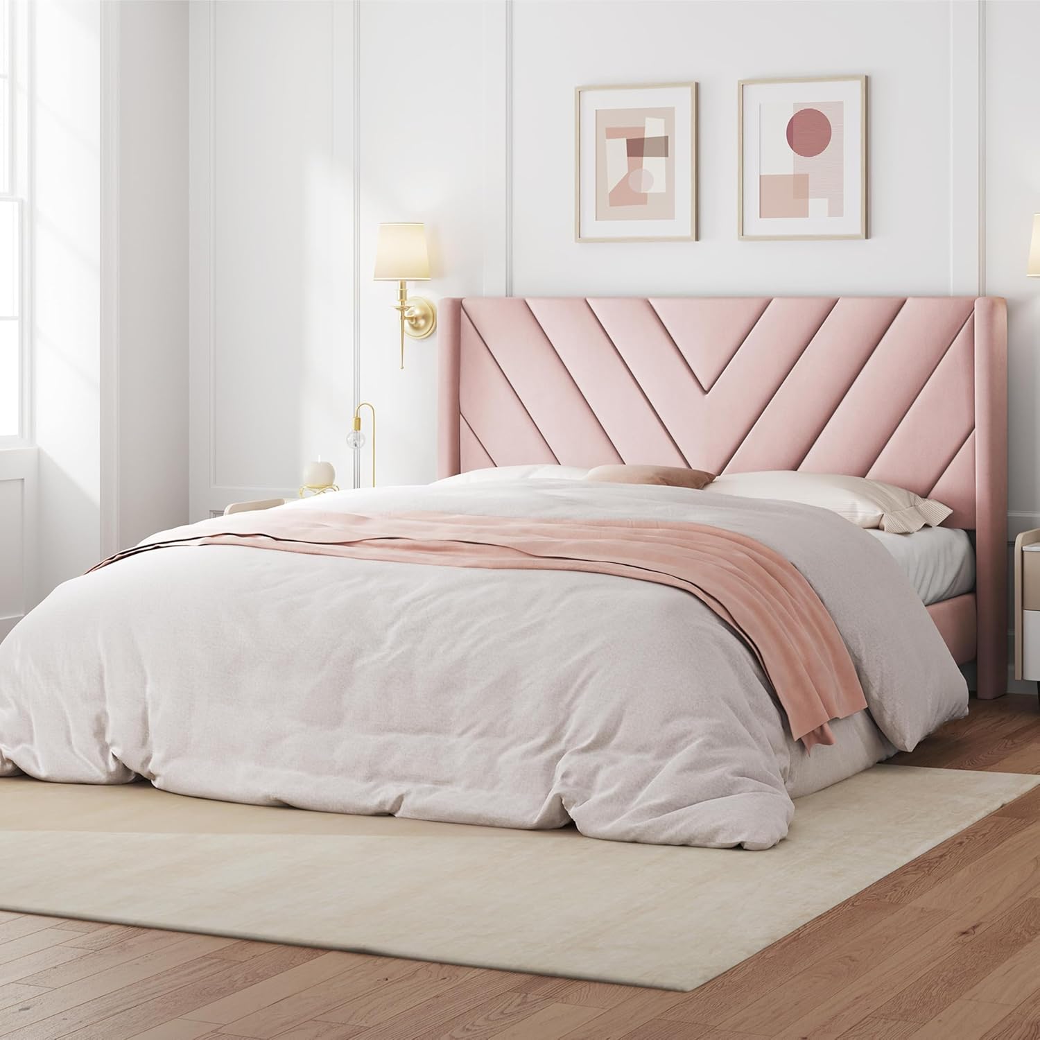 Twin Bed Frame with Chevron Channel-Tufted Headboard, Light Gray - Image 7