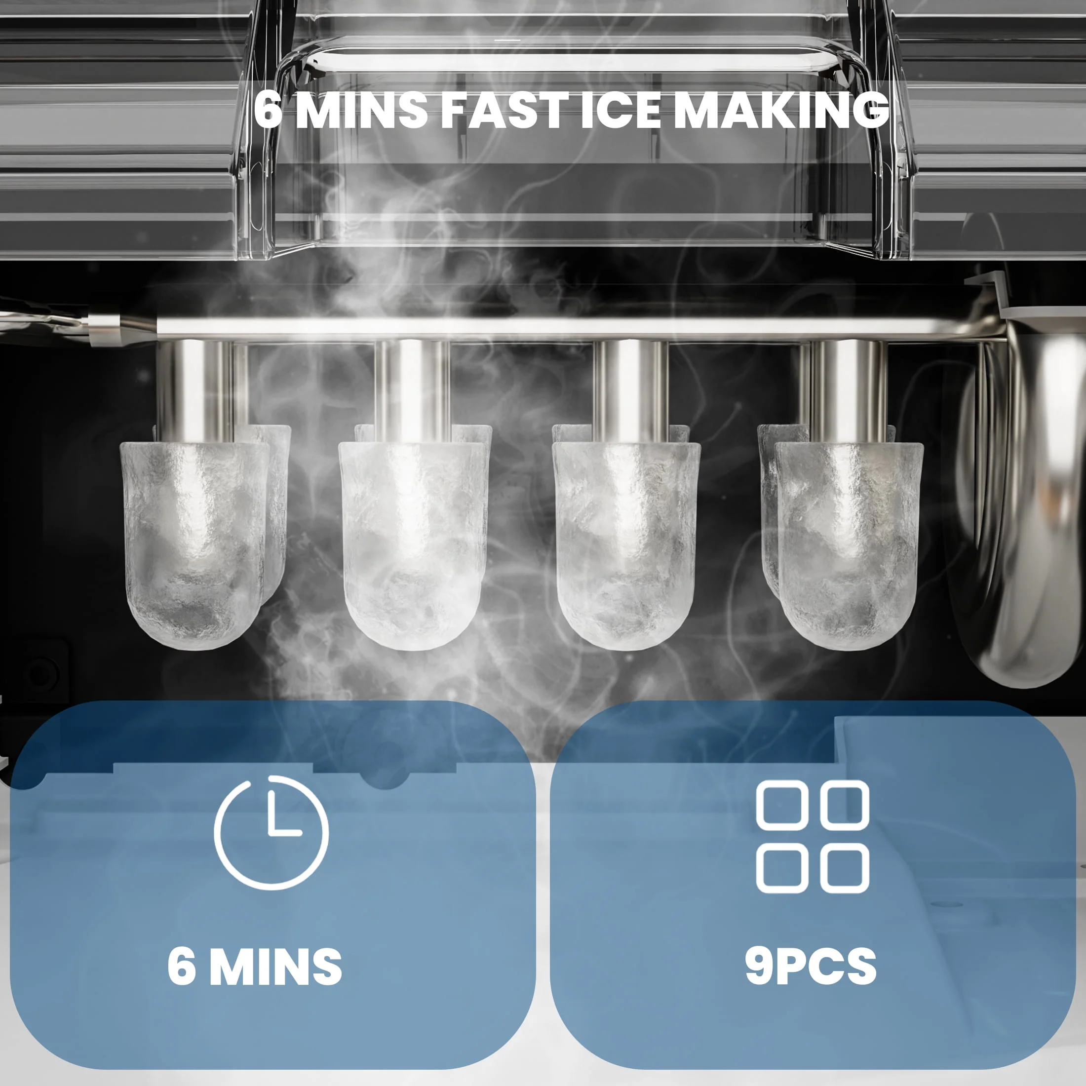 KISSAIR Countertop Ice Maker, Self-Cleaning Portable Ice Maker Machine with Handle, 9 Bullet-Shaped Ice Cubes Ready in 6 Mins, 26Lbs/24H with Ice Scoop and Basket for Home/Kitchen/Party - Image 6
