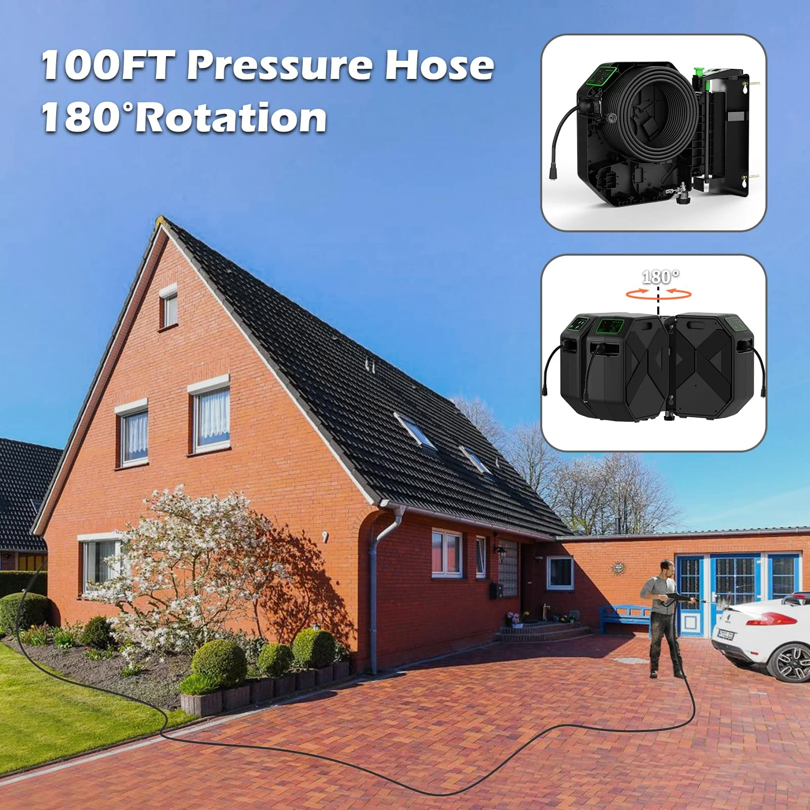 Wall Mounted Pressure Washer - 5000 PSI, 3.6 GPM Electric Power Washer with 100FT Retractable Hose, 5-Stage Adjustable Pressure, Foam Cannon & 5 Nozzles for Car, Lane, Patio Cleaning, Black - Image 7