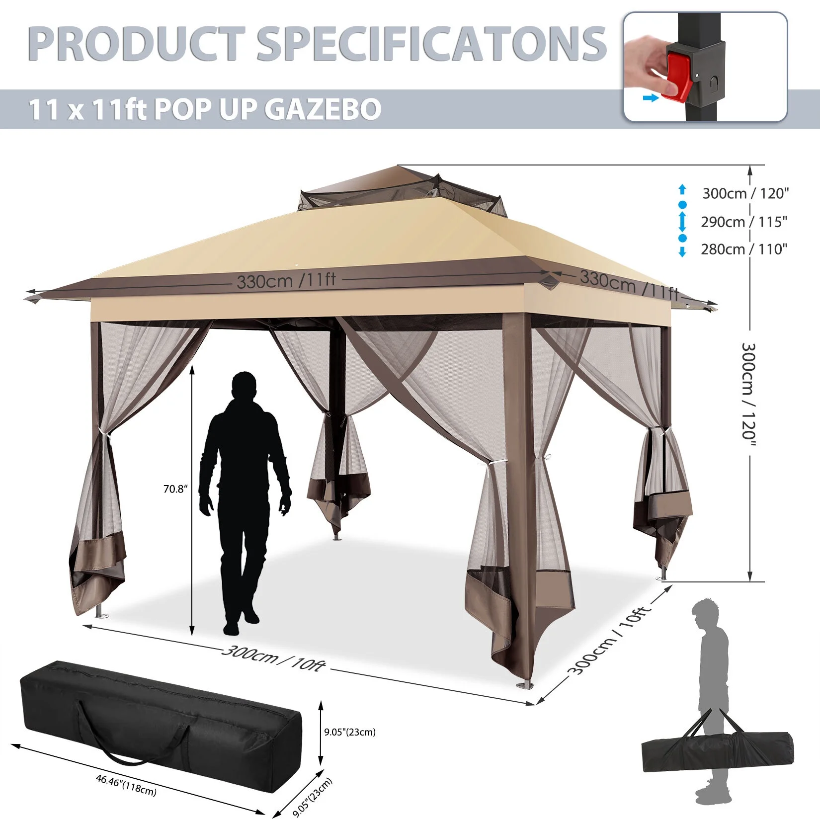 COBIZI 11x11 Pop up Gazebo Outdoor Canopy Gazebo Patio Gazebo with Mosquito Netting Canopy Shelter with 121 Square feet of Shade for Poolside, Garden, Party and Backyard, Khaki - Image 38