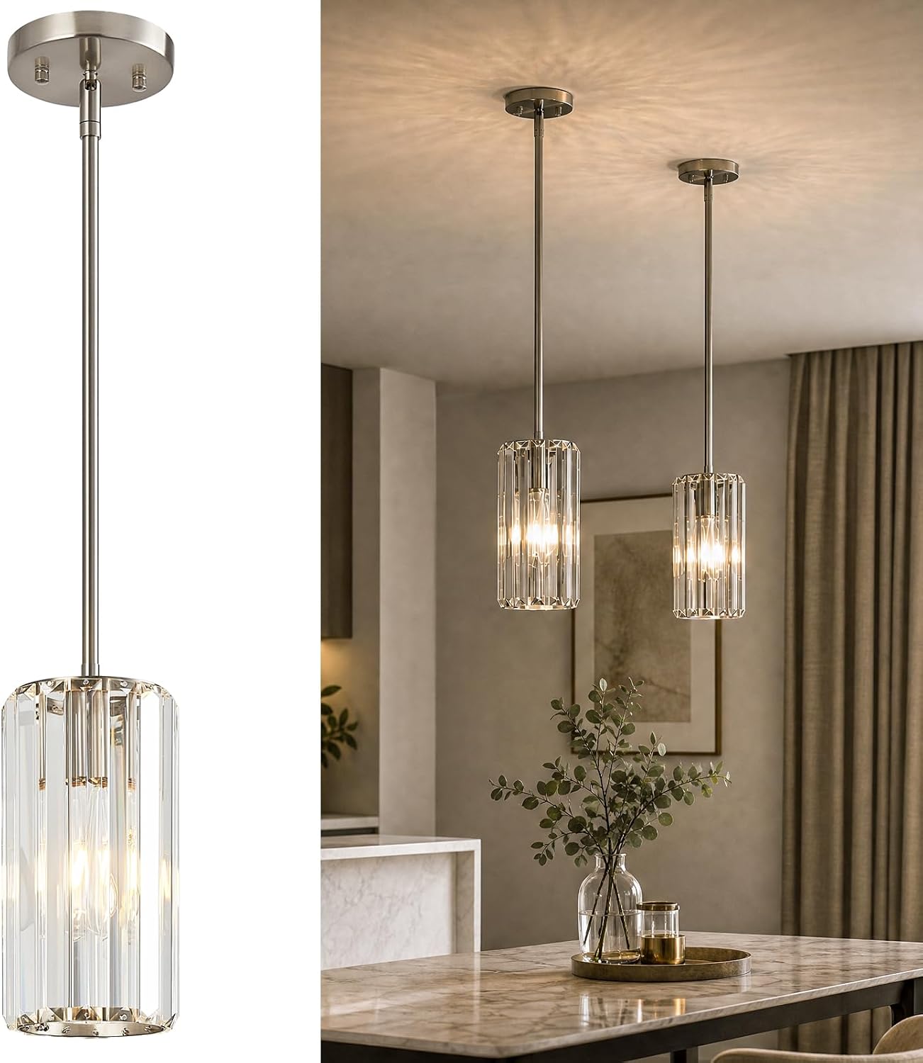 Chrome Pendant Lighting, Modern Pendant Light, Mini Crystal Chandeliers, Adjustable Pendant Light Fixture for Kitchen Island, Dining Room, Corridor & Bedroom (Chrome, 3-Pack) - Image 6