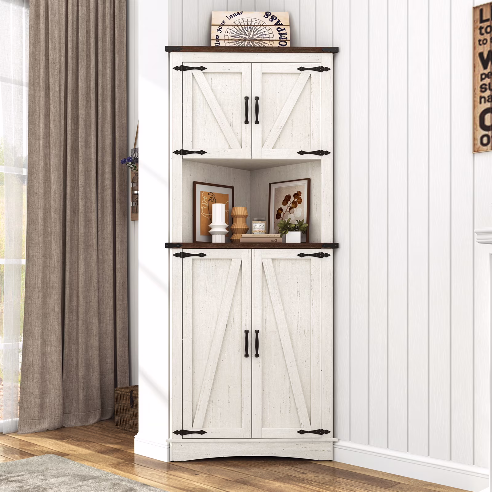 Blotout 68" Tall Farmhouse Corner Cabinet with 4 Doors, 28.3" W Barn Door Storage Cabinet with Adjustable Shelves, 5 Tier Corner Storage Cabinet for Bathroom,Living Room,Kitchen