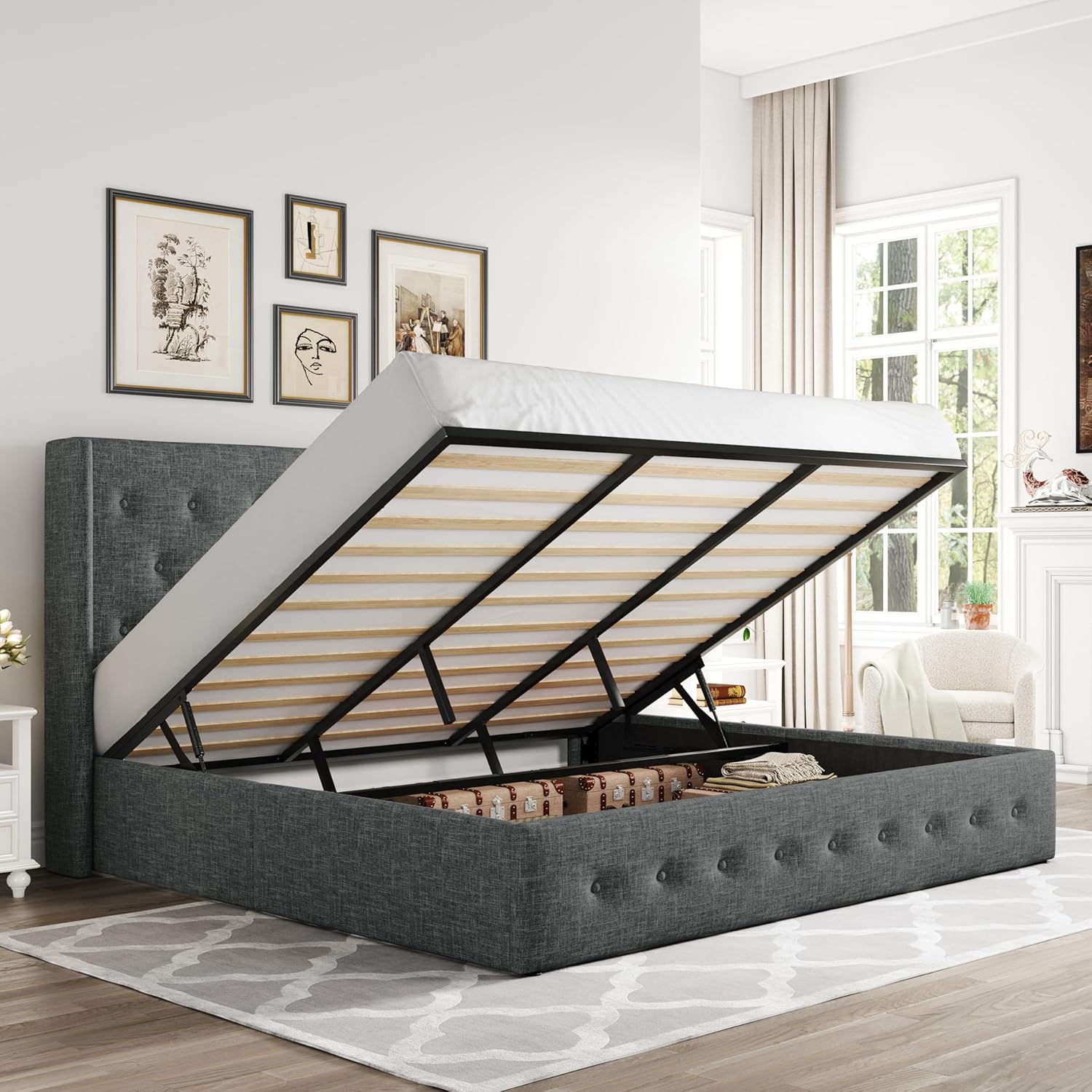 Queen Size Lift Up Storage Bed with Wingback Headboard, Upholstered Platform Bed Frame with Hidden Storage - Image 41