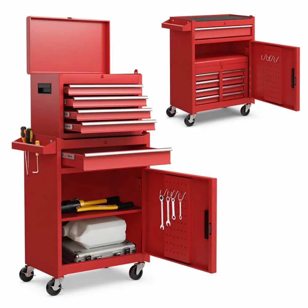 Demifill 2-in-1 Tool Chest and Cabinet with 5 Sliding Drawers, Large Storage Space and Detachable Design, Red - Image 7
