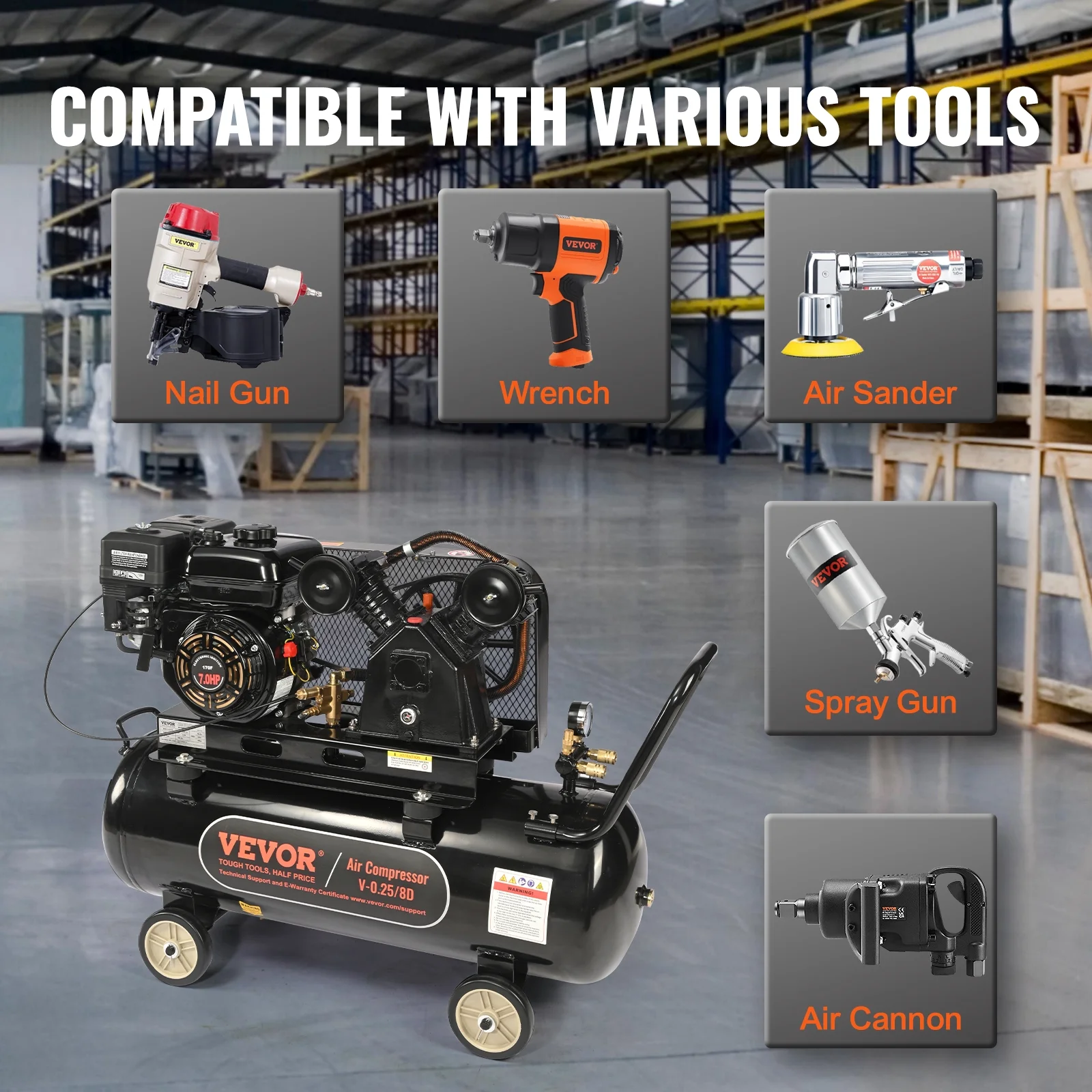 VEVOR 7HP Gas Powered Air Compressor, 21 Gallon Horizontal Air Compressor Tank, 9CFM@115PSI Gas Driven Piston Pump Air Compressed System with 115PSI Max Pressure for Construction Sites Workshop - Image 6