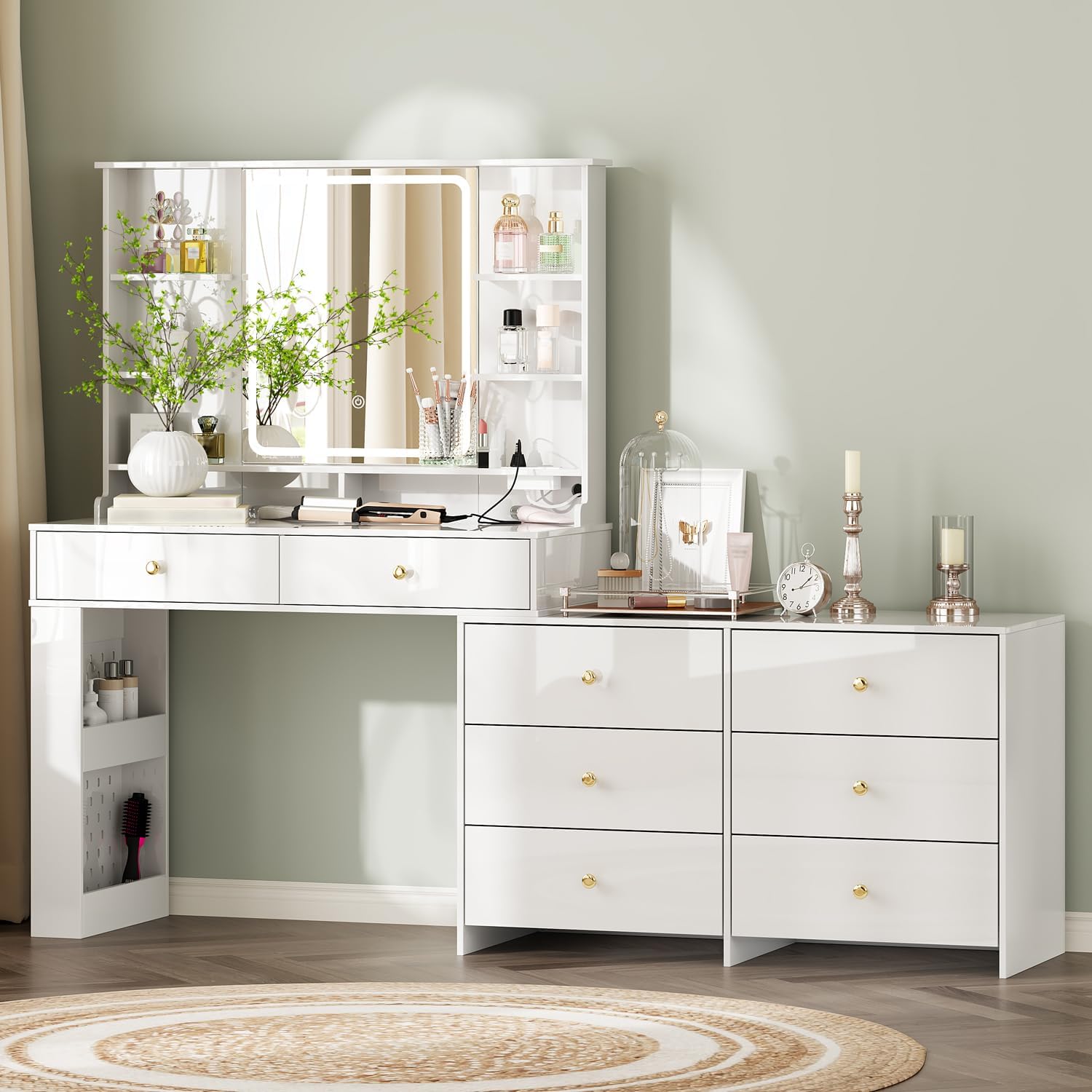 Makeup Vanity Desk with Mirror and Lights, Vanity Desk with 8 Drawers & Storage Shelves, Vanity Table with Power Outlet, 3 Color Modes & Adjustable Brightness Dressing Table, Bedroom, White - Image 9