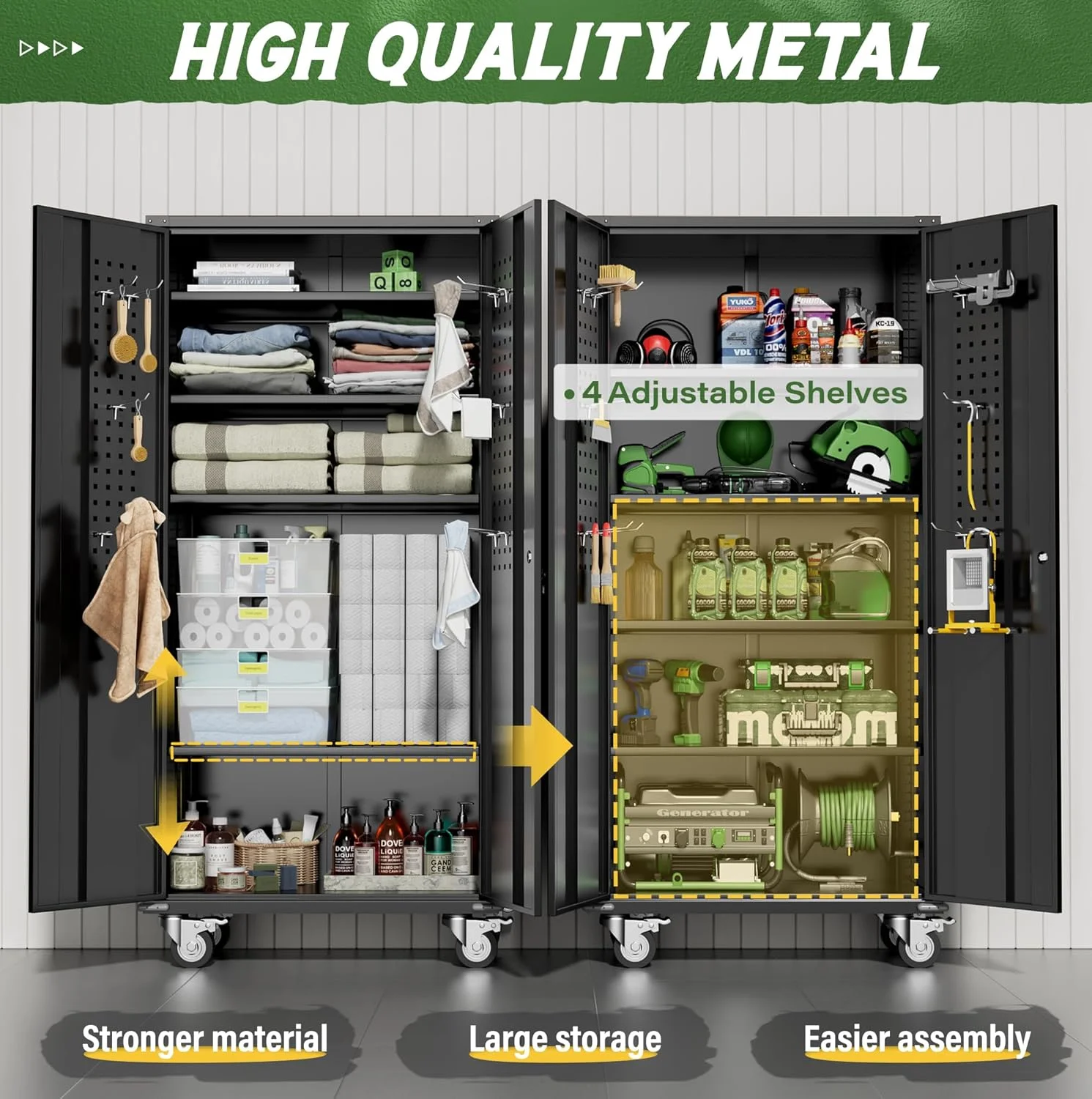 SOLAURA Metal Storage Cabinet with Wheels and Pegboard, 72" Black Garage Rolling Cabinet with 4 Adjustable Shelves, Lockable Tool Storage Cabinets for Home Office - Image 3