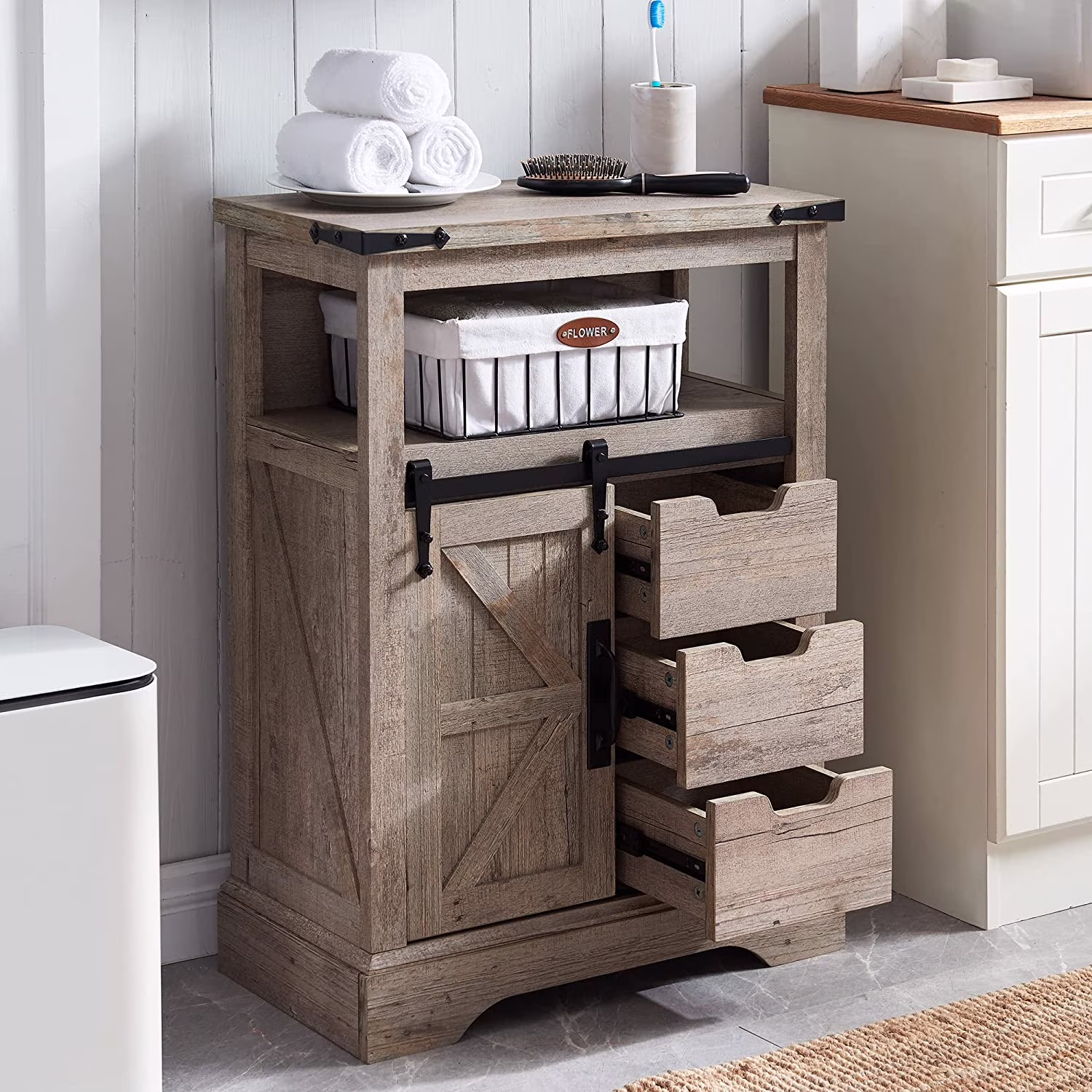 OKD Farmhouse Bathroom Storage Cabinet with 3 Drawers and Adjustable Shelves Wooden Rustic Accent Entryway Cupboard, Antique White - Image 5