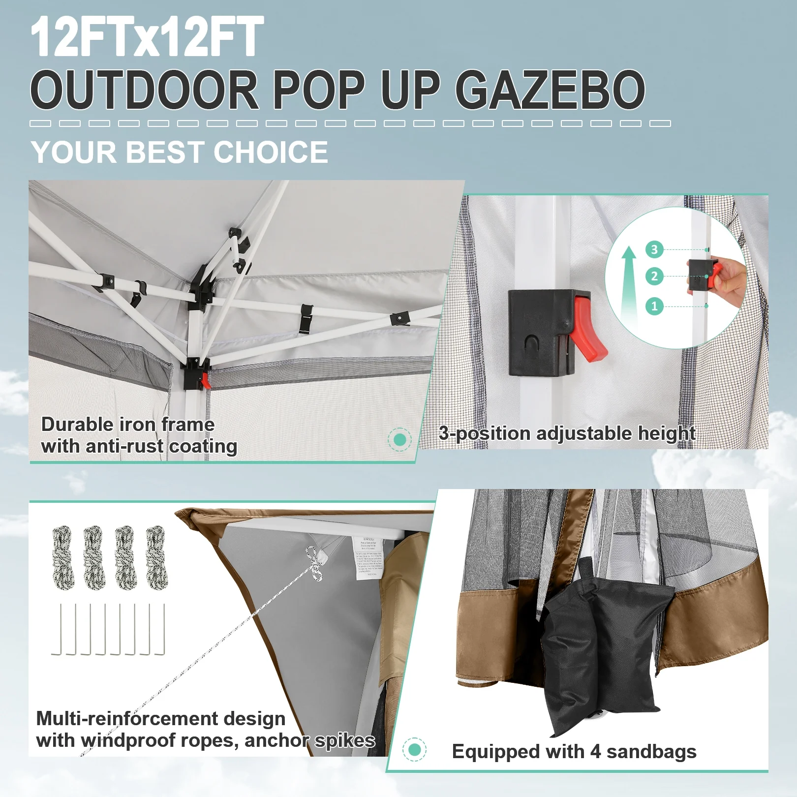 COBIZI 11x11 Pop up Gazebo Outdoor Canopy Gazebo Patio Gazebo with Mosquito Netting Canopy Shelter with 121 Square feet of Shade for Poolside, Garden, Party and Backyard, Khaki - Image 57