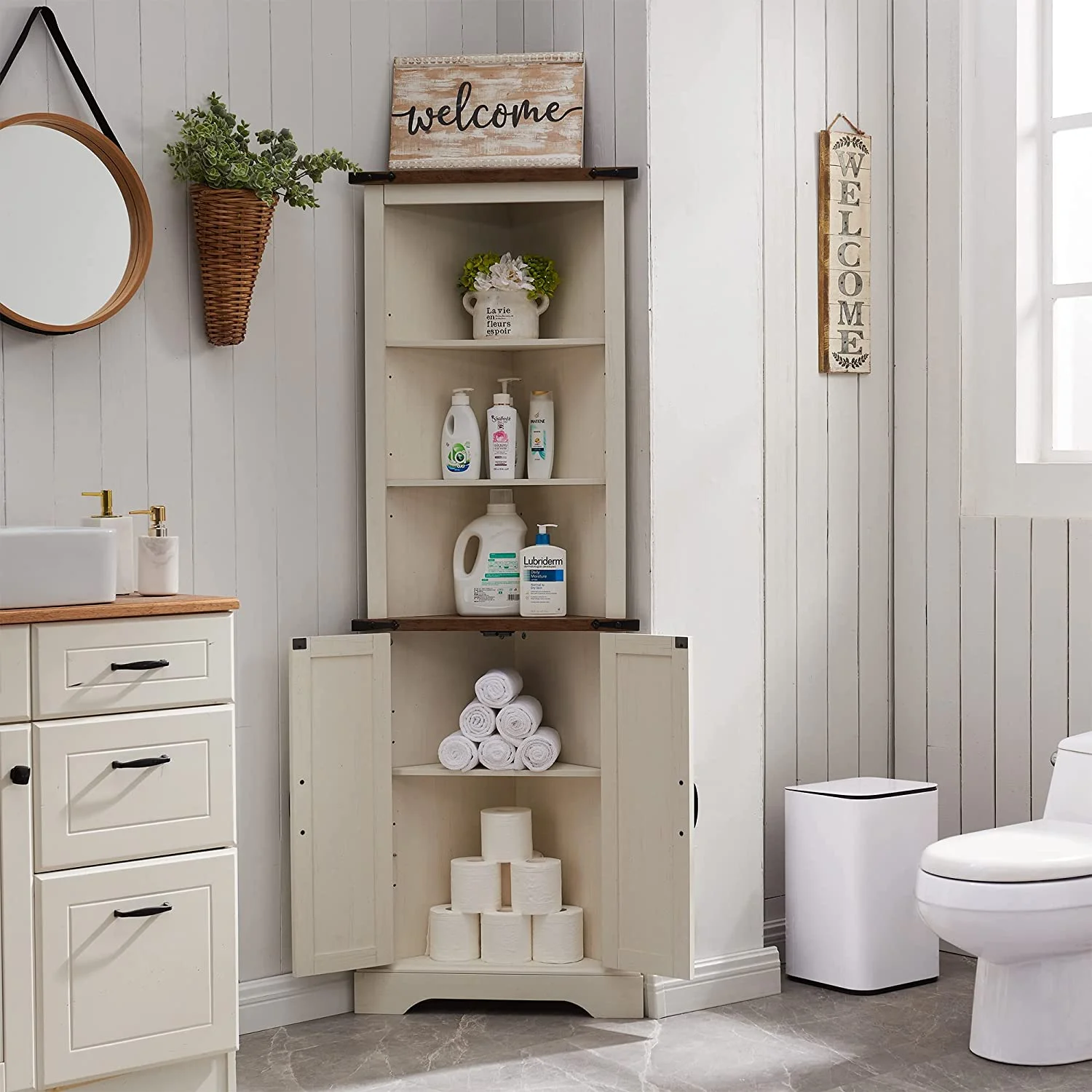 OKD Farmhouse Tall Corner Cabinet with Barn Door & Adjustable Shelves, 68" Rustic Wood Corner Cabinet with Storage Cabinet for Bathroom, Kitchen, Antique White - Image 4